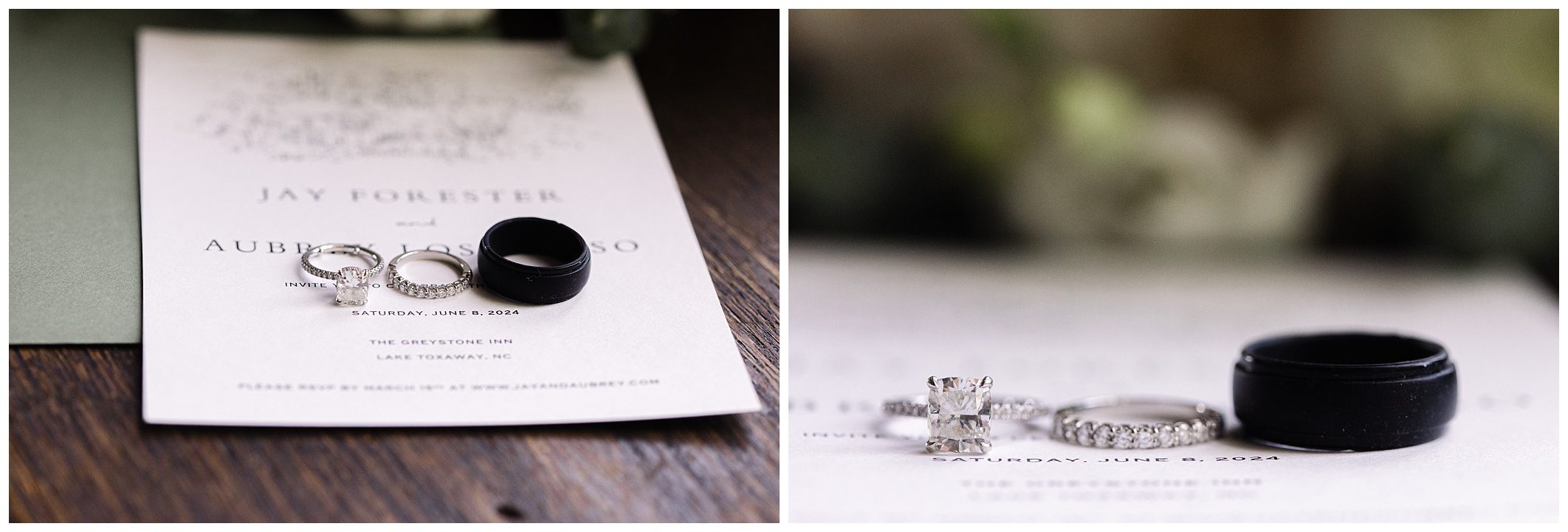 Close-up shot of wedding rings placed on top of a wedding invitation for Jay Forester and Aubrey Rosso, scheduled for June 3, 2024, at The Greystone in Lake Tahoma, NC.