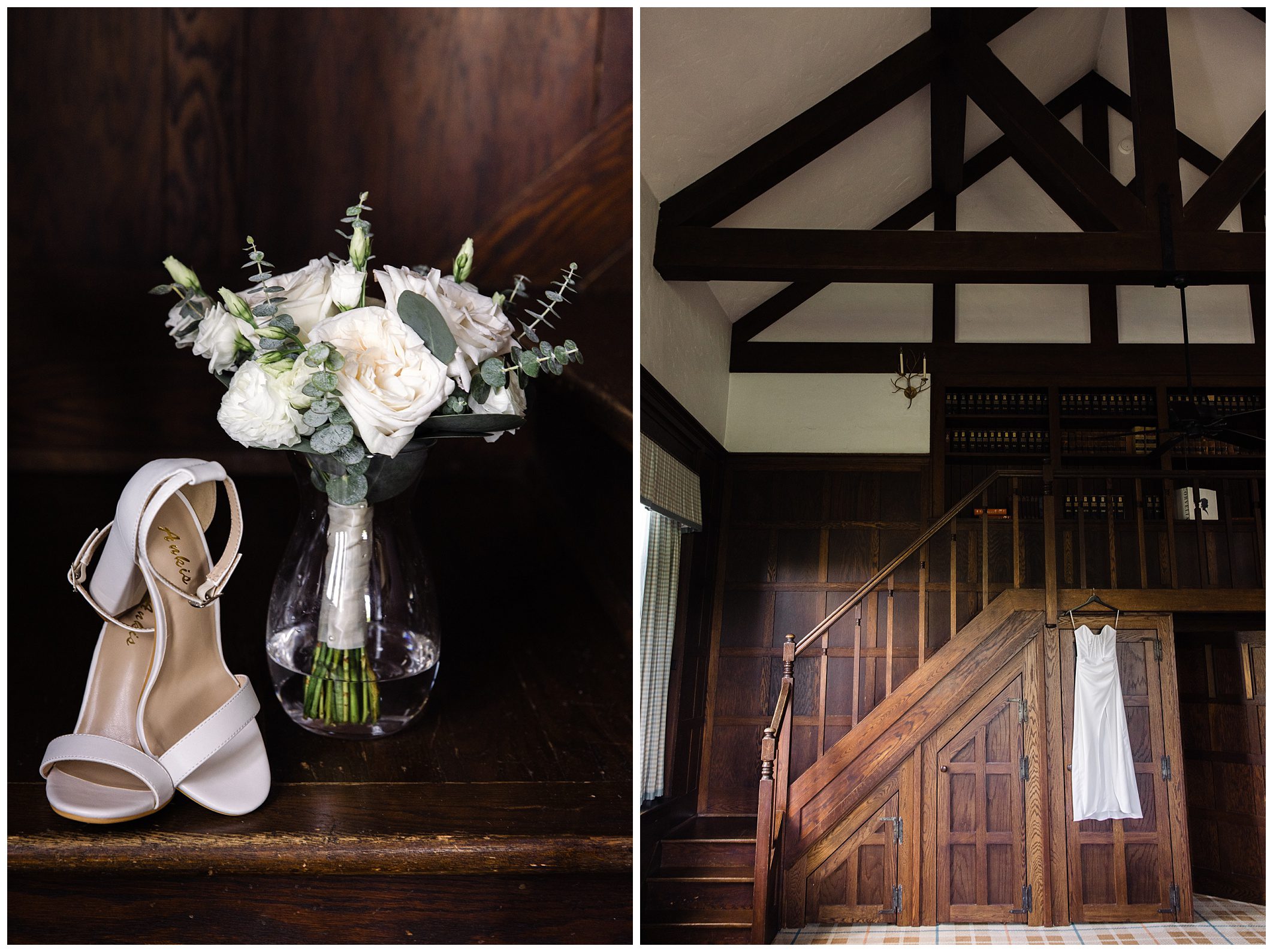 On the left, a pair of white shoes and a bouquet of white flowers. On the right, a white dress hangs from a wooden staircase railing in a dimly lit room.