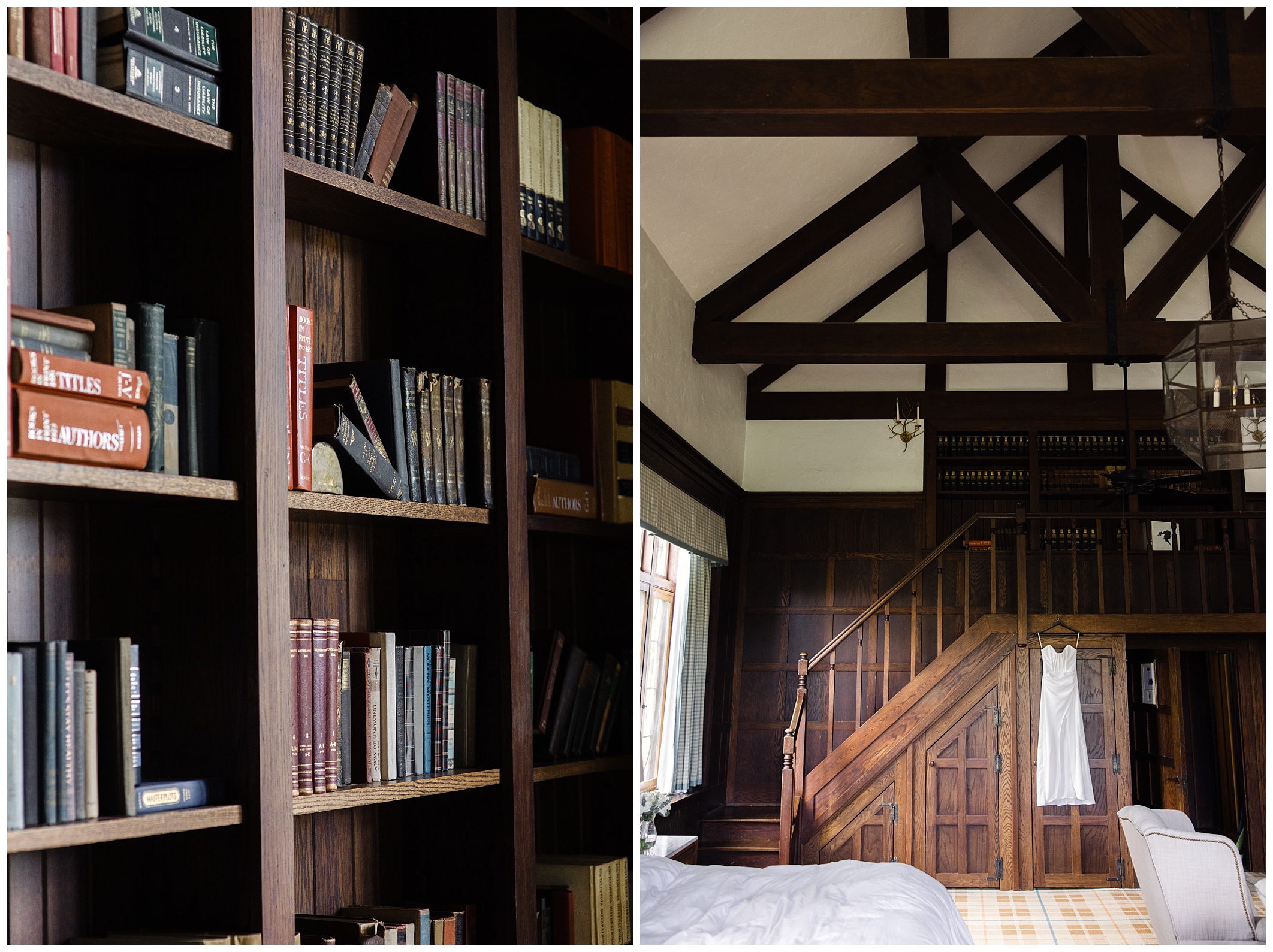 A wooden bookshelf filled with books is on the left. On the right is a room with wooden beams, a staircase, and a bed with white linens underneath.