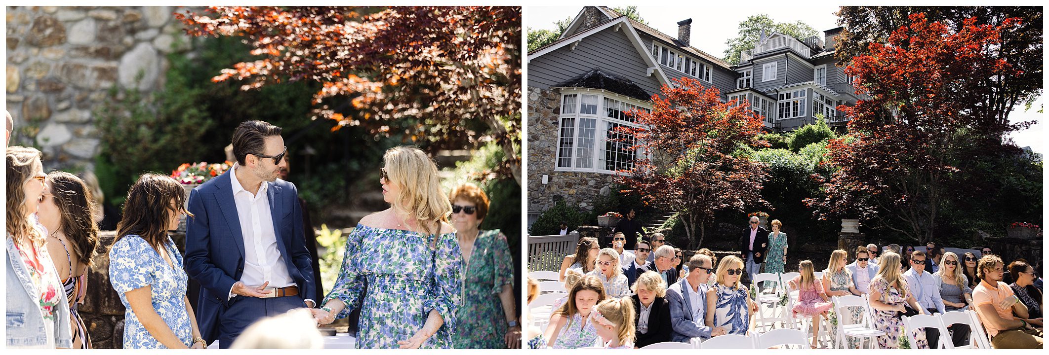 Several people are gathered outdoors, some sitting in white chairs and others standing, with a large house and trees in the background.