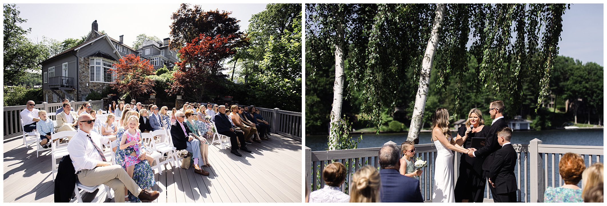 A wedding ceremony taking place outdoors on a deck by a lake. Guests are seated and watching as the couple exchanges vows under a tree. A house and greenery are visible in the background.