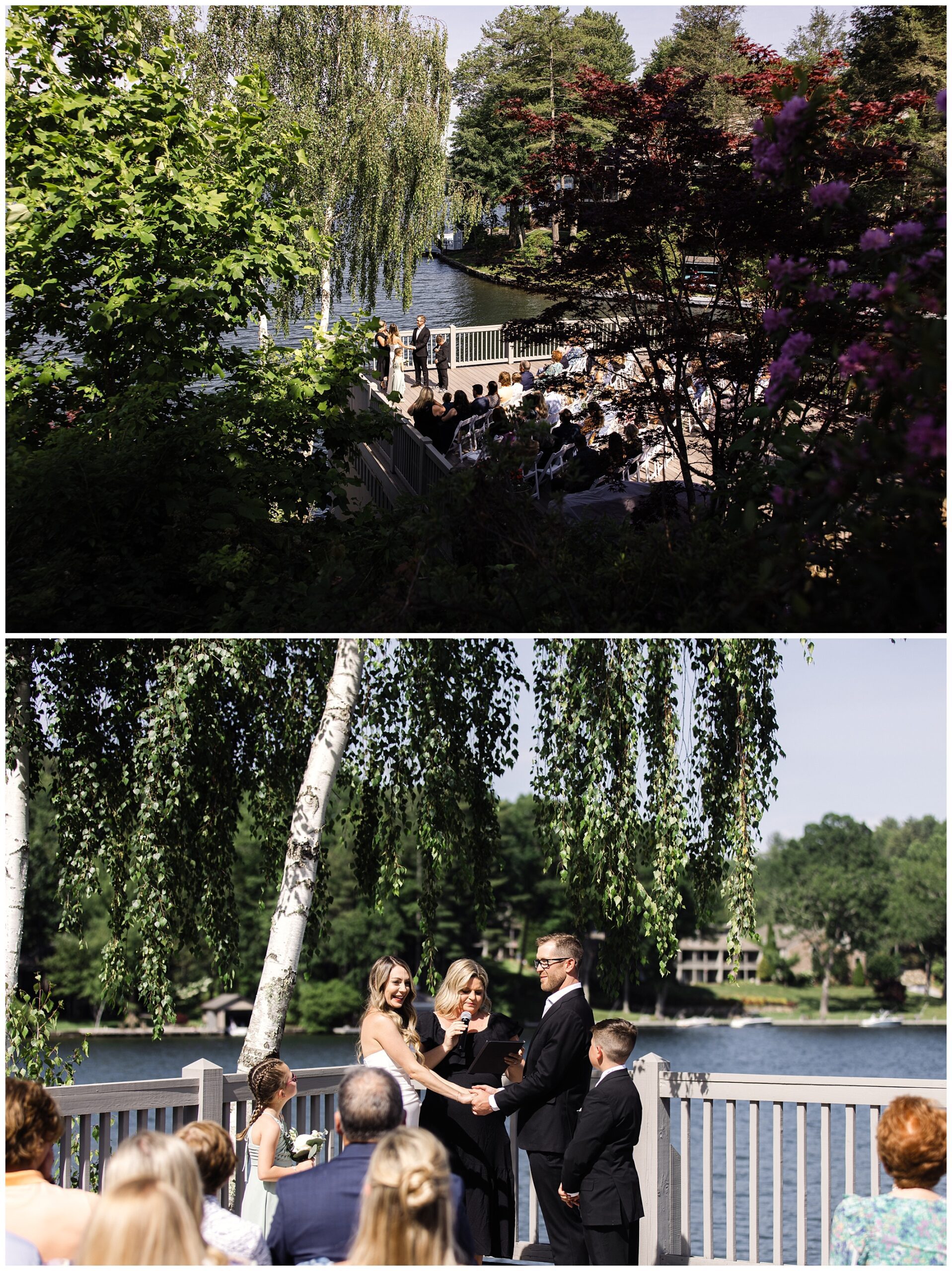 A couple is getting married outdoors near a lake. Guests are seated facing the bride, groom, and officiant on a wooden deck surrounded by trees and flowers.