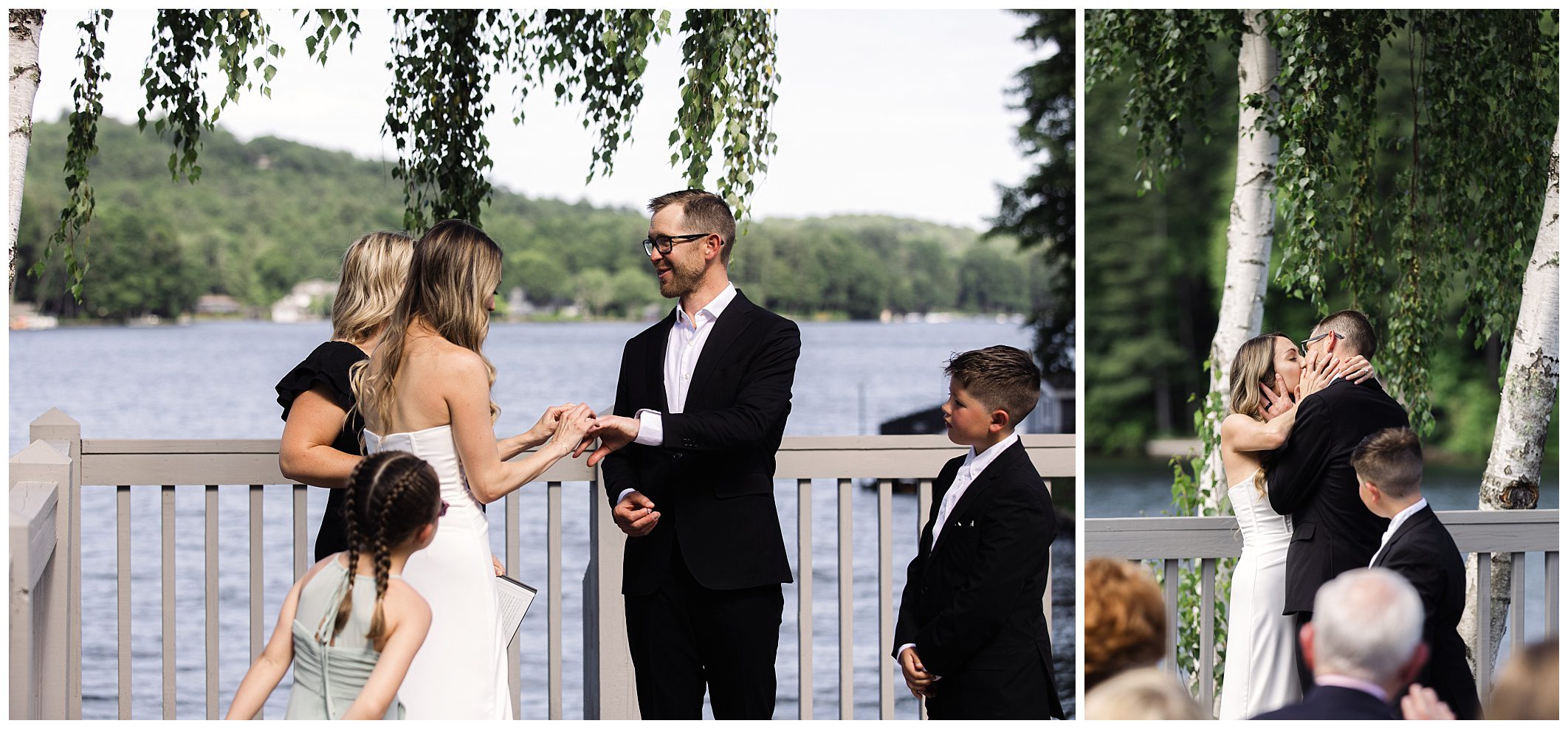 A couple is getting married outdoors by a lake. Onlookers, including two children, are present. Another image shows them kissing after the ceremony.