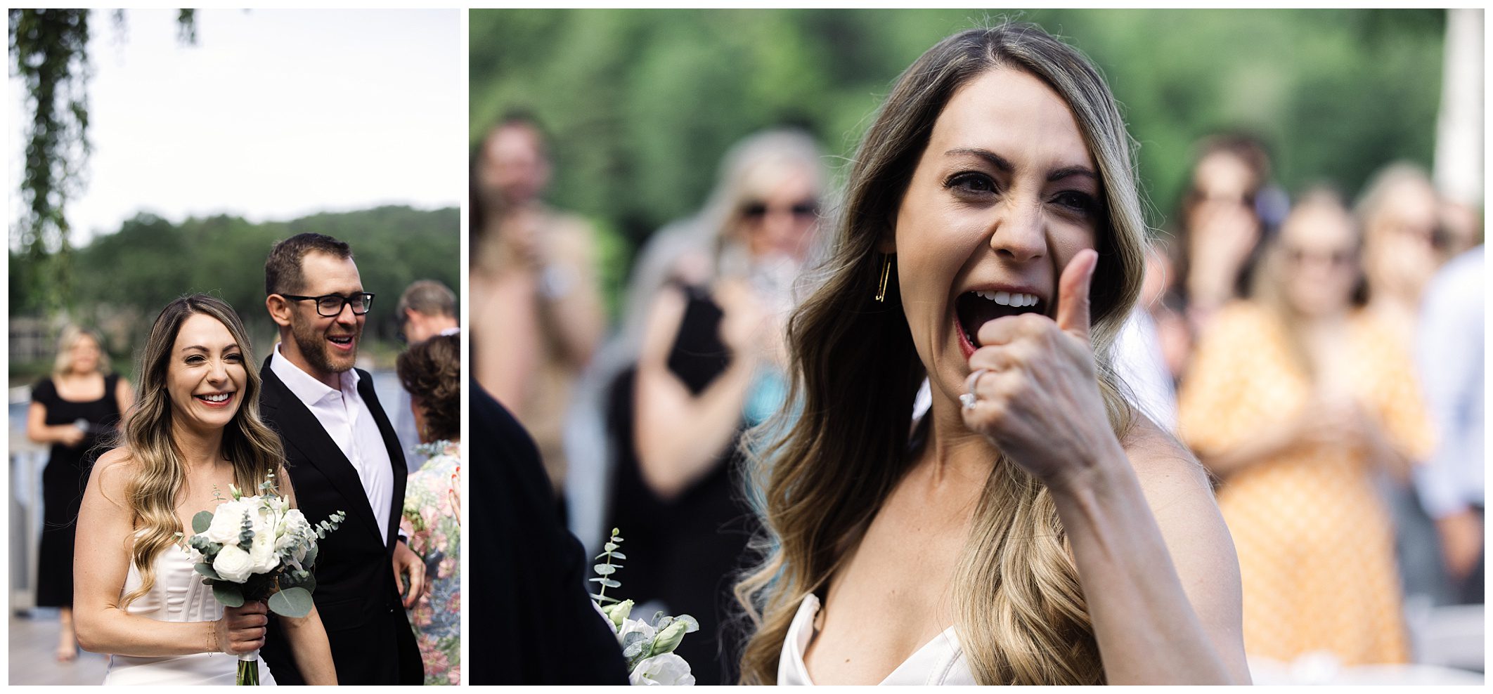 A smiling bride holding a bouquet walks with a man in a suit on the left; on the right, she gives a thumbs-up gesture with a cheering crowd in the background.