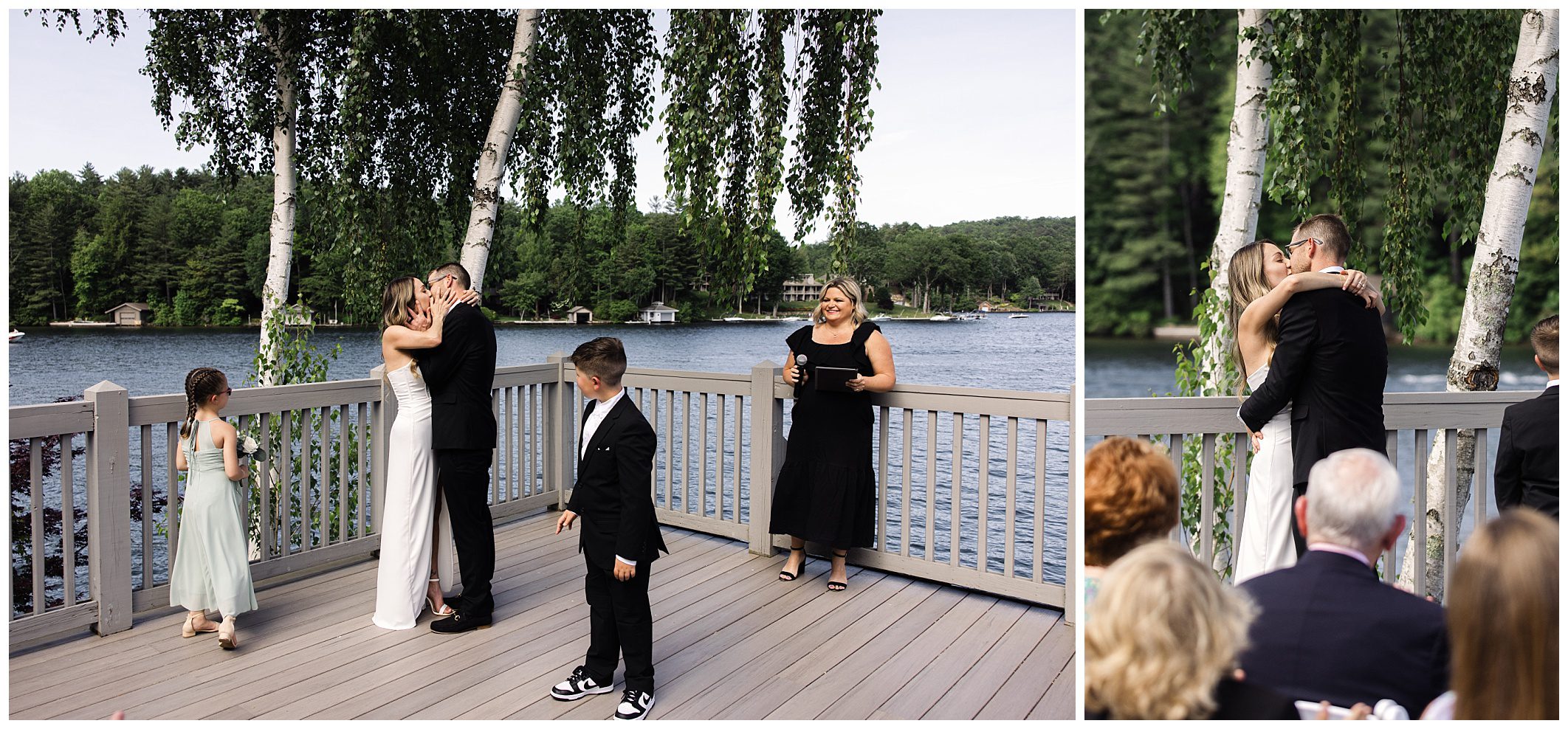 A couple is getting married on a wooden deck by a lake, surrounded by trees. Two children are present, and guests watch from the seating area.