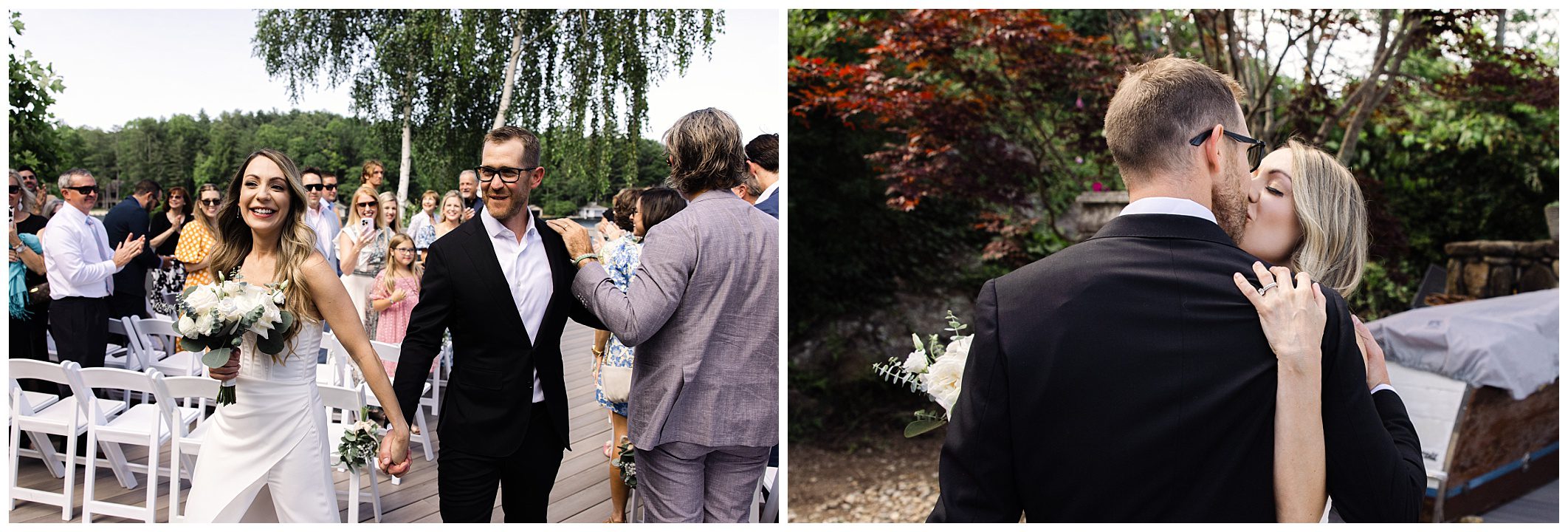 A couple walks down the aisle holding hands in a wedding ceremony; in the next scene, they share a kiss. Guests in casual attire and greenery are visible in the background.