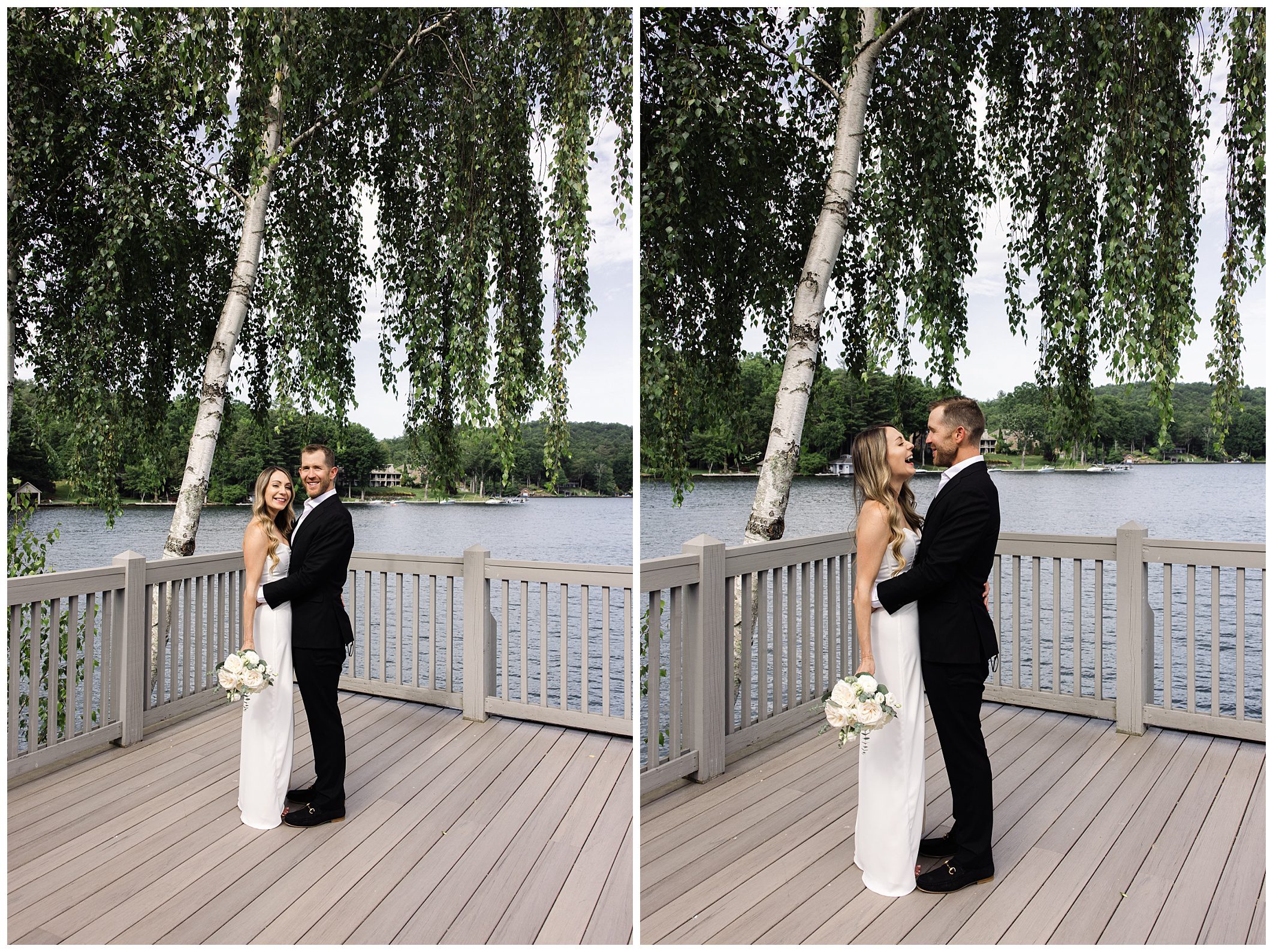 A couple, dressed in formal attire, poses and embraces on a wooden deck overlooking a lake.