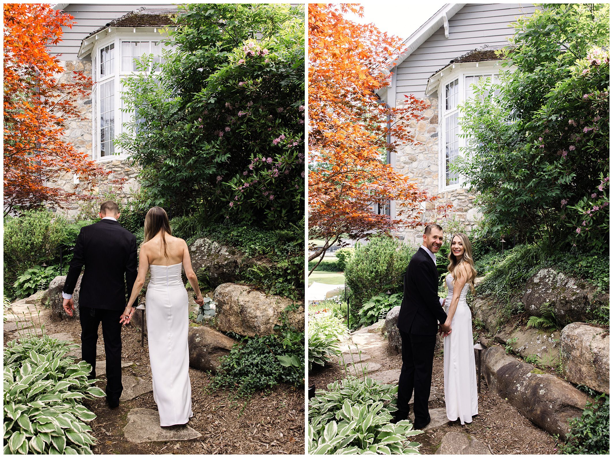 A couple in formal attire walks hand in hand through a garden path next to a stone house; they turn to smile at the camera in the second image at their Greystone Inn intimate summer wedding.