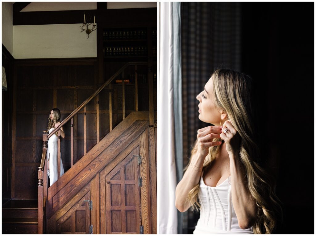 A woman in a white dress stands on a wooden staircase, and in another frame, she adjusts her earring while looking out a window.