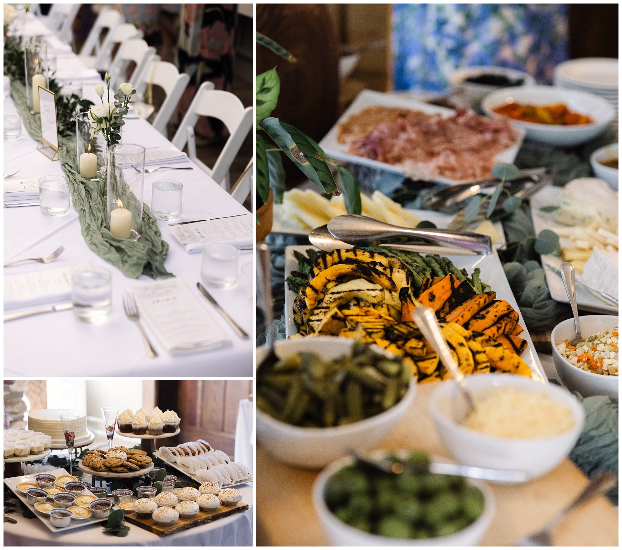 A collage of a dining setup with a long table, decorative greenery, and candles; a close-up of a food spread with grilled vegetables and charcuterie; and a dessert table with various pastries and cakes.