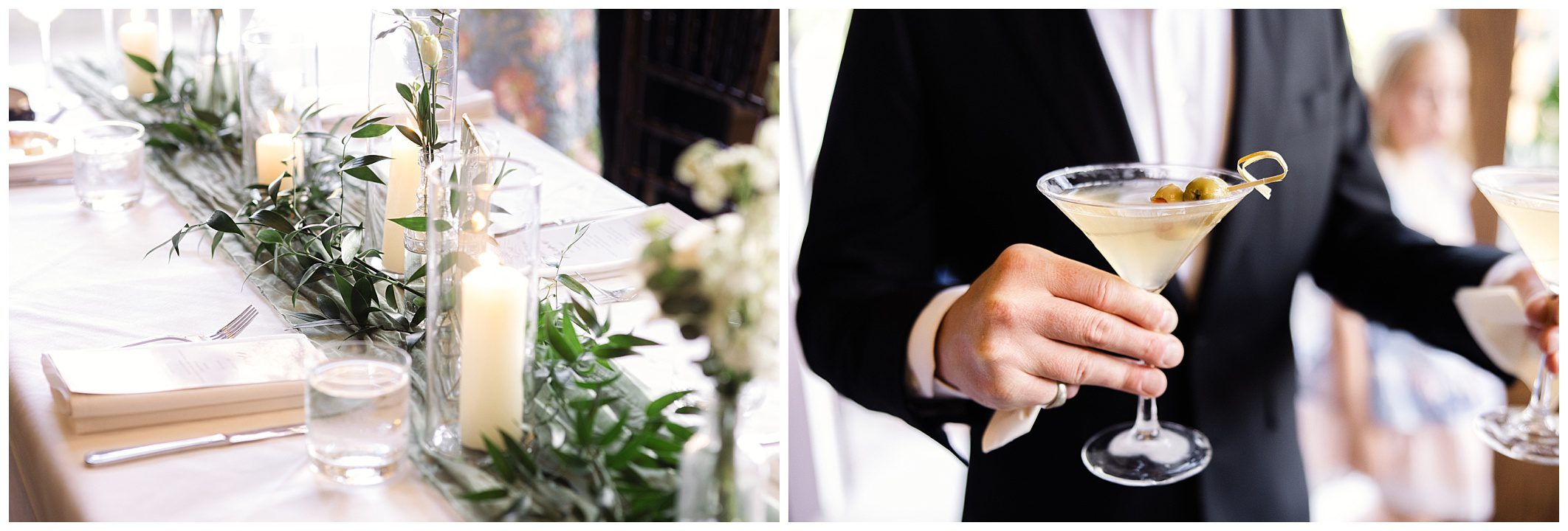 A close-up view of a table set with candles and greenery, alongside someone in a suit holding a martini garnished with olives.