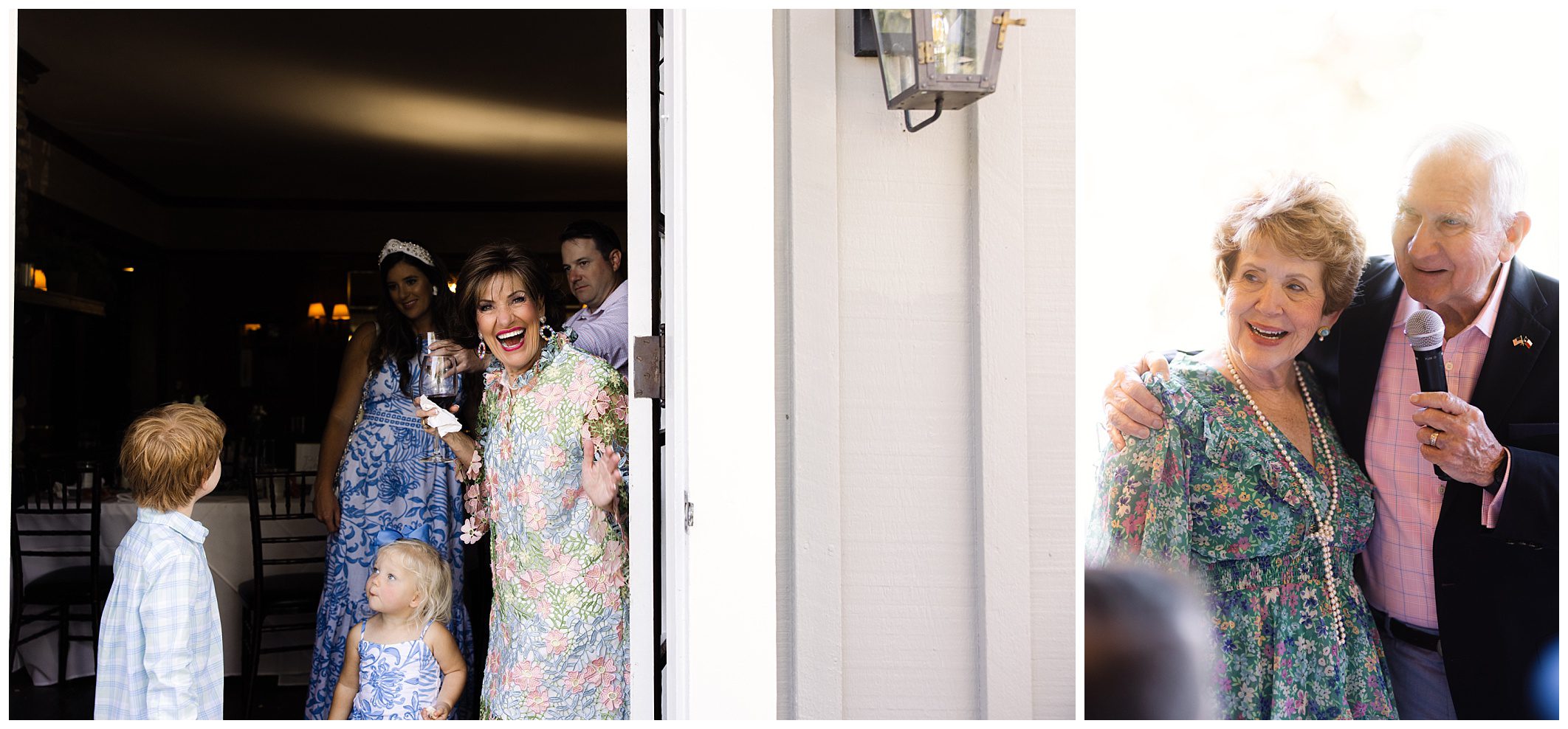 Two photos: Left shows a group of adults and children at a party, opening a door; Right shows an elderly man and woman speaking, with the man holding a microphone.