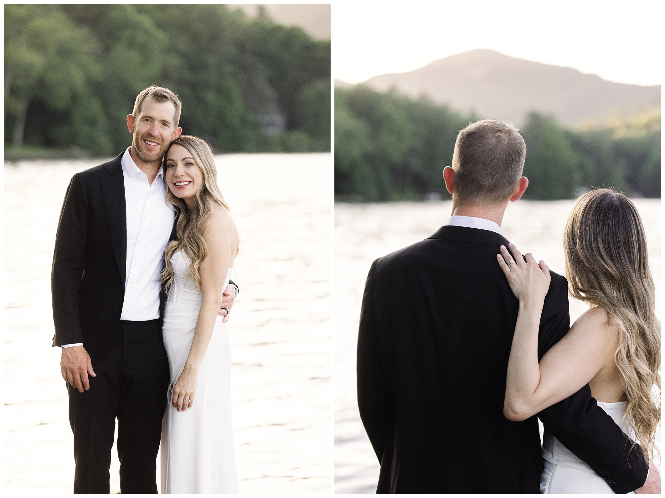 A man and woman dressed formally, standing beside a lake. In one image, they face the camera and smile, while in the other, they face away, with the woman's hand on the man's shoulder.