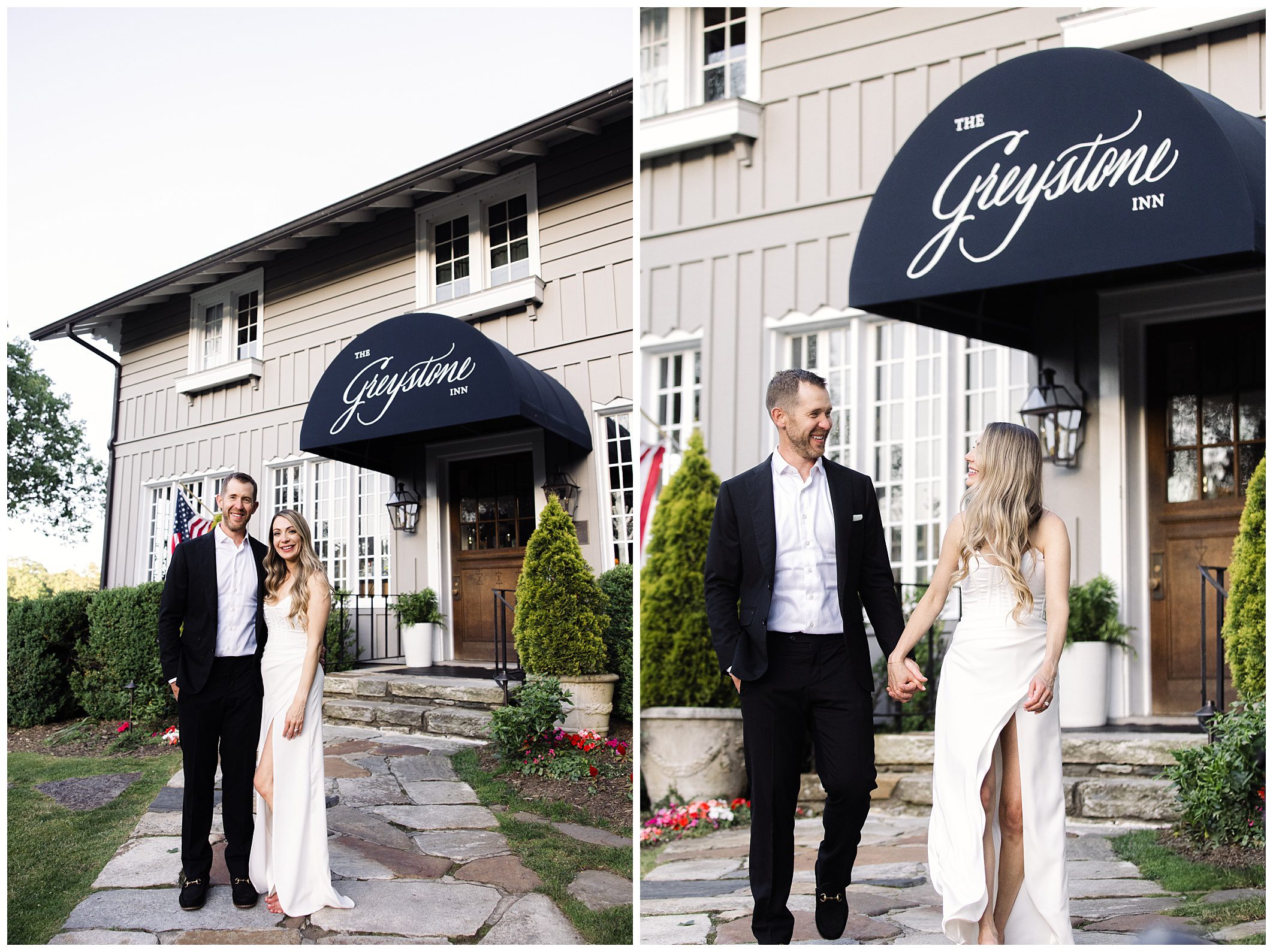 A man and woman, both dressed formally, stand and walk in front of The Greystone Inn. The woman is in a white dress and the man in a black suit. The building has a dark awning with the inn's name.