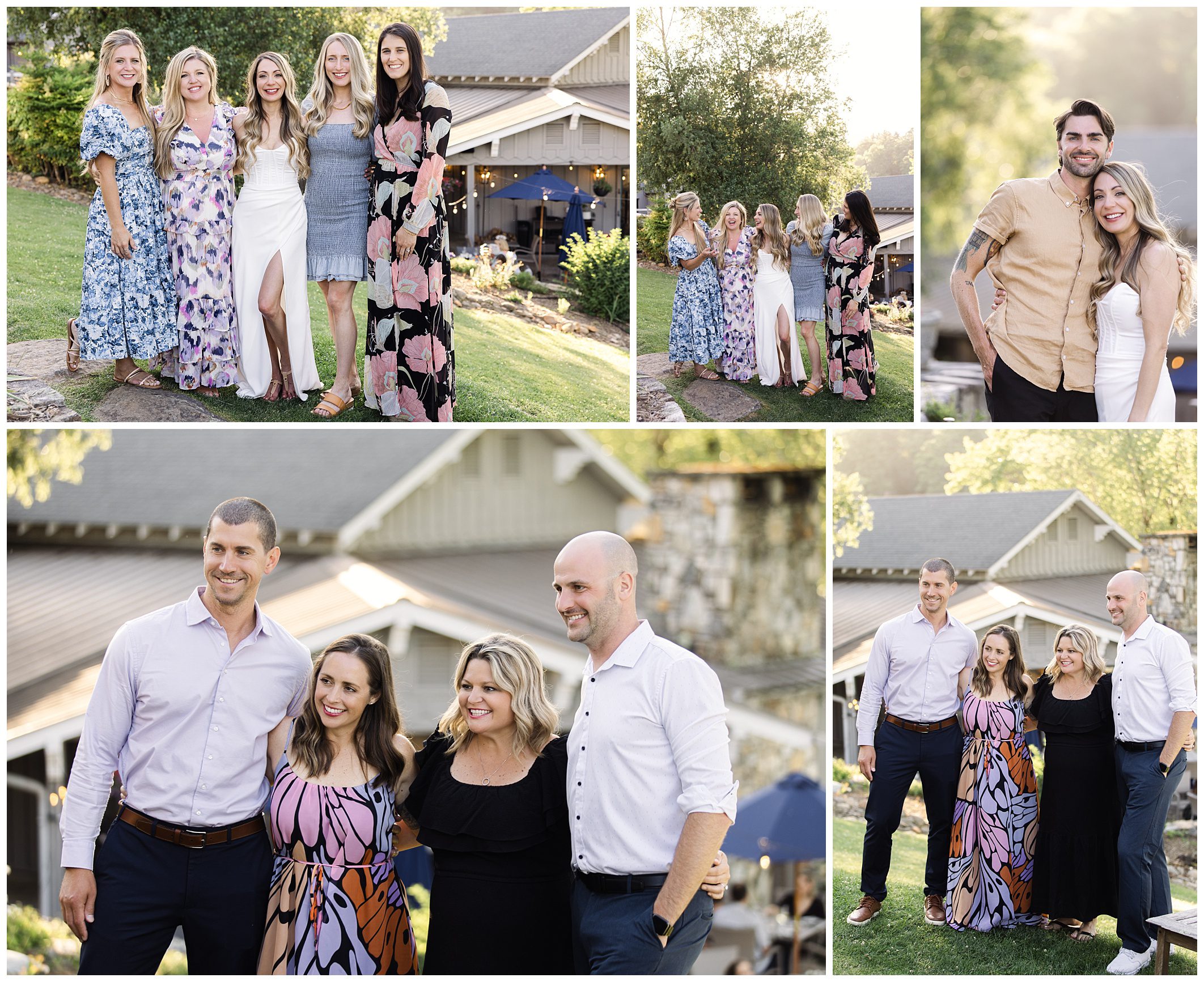 A group of people, dressed in casual to semi-formal attire, are posed outdoors in various group formations with a house and greenery in the background.