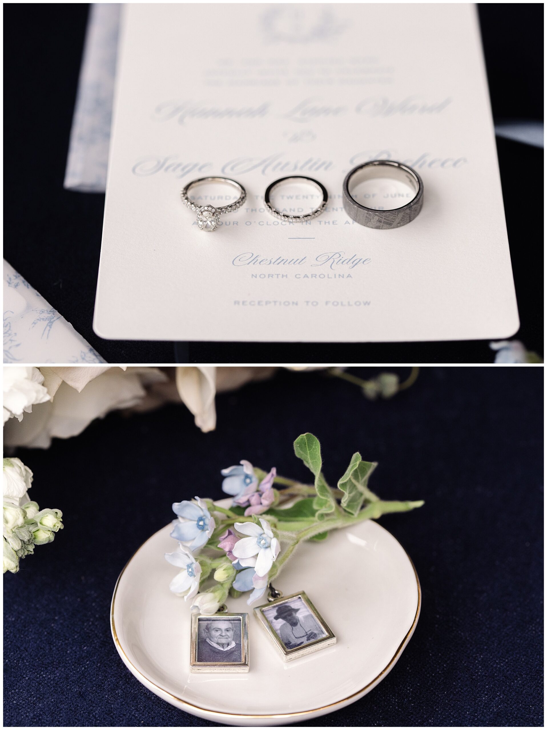 Two photos: Top photo features wedding rings on an invitation card. Bottom photo shows a small dish with two photo charms and floral decorations.