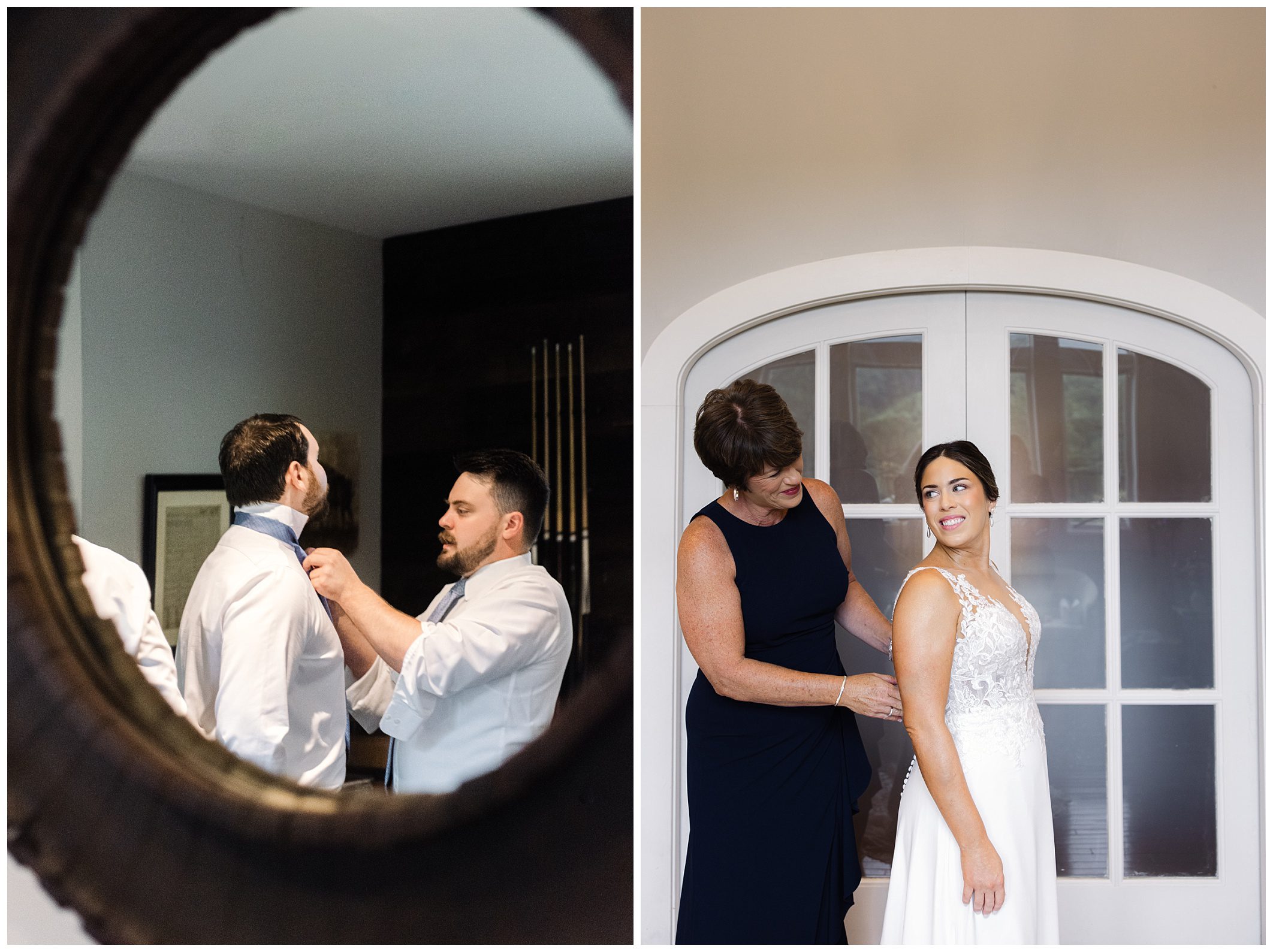 A man assists another man in adjusting his tie (left). A woman in a dark dress helps a bride in a white dress zip up her gown (right).