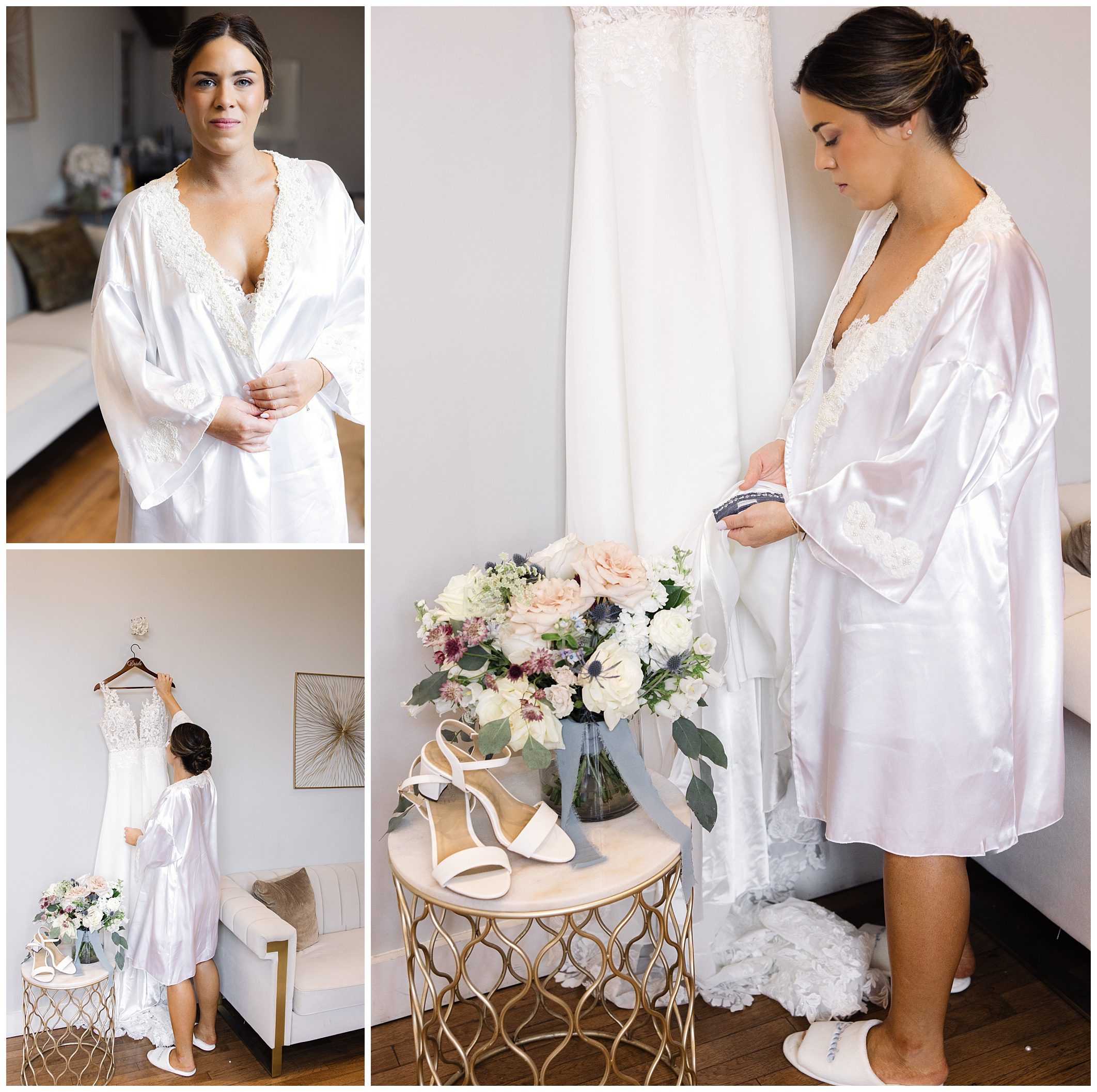 A woman in a satin robe prepares for her wedding, examining her dress and holding a phone. A floral bouquet, wedding shoes, and a dress are nearby.