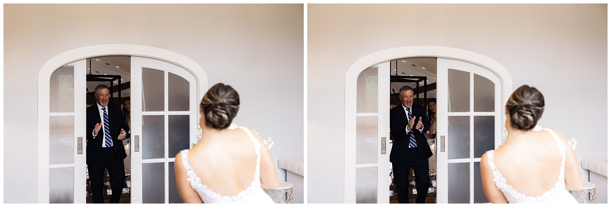 A person in a wedding dress stands with their back to the camera, facing an older man in a suit entering through a doorway who appears to react emotionally.