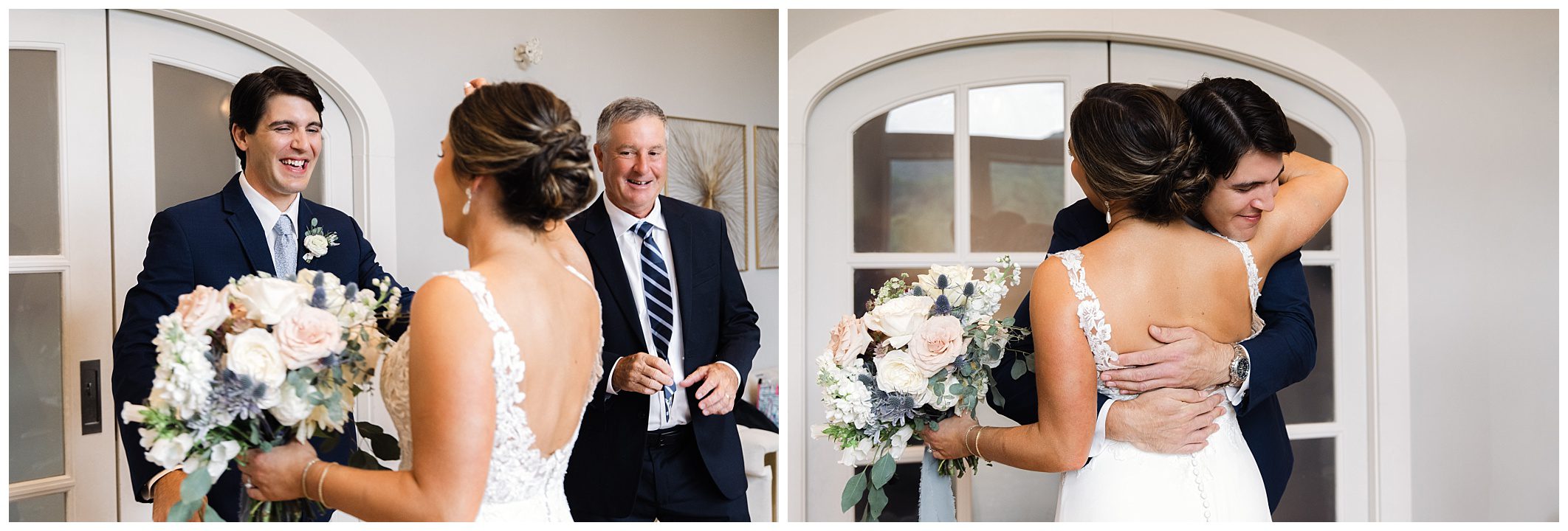 A bride holds a bouquet and faces a smiling groom in a suit. In another scene, they embrace, while a man in a striped tie stands nearby, all indoors.