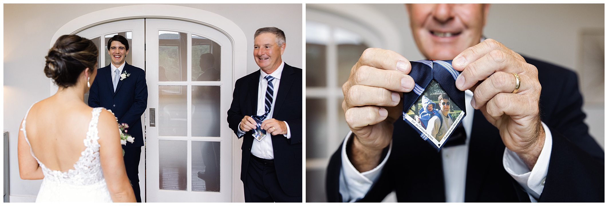 A bride in a white dress stands facing a smiling groom and another man indoors. Inset shows a close-up of the other man holding a blue tie with a photo inside it.