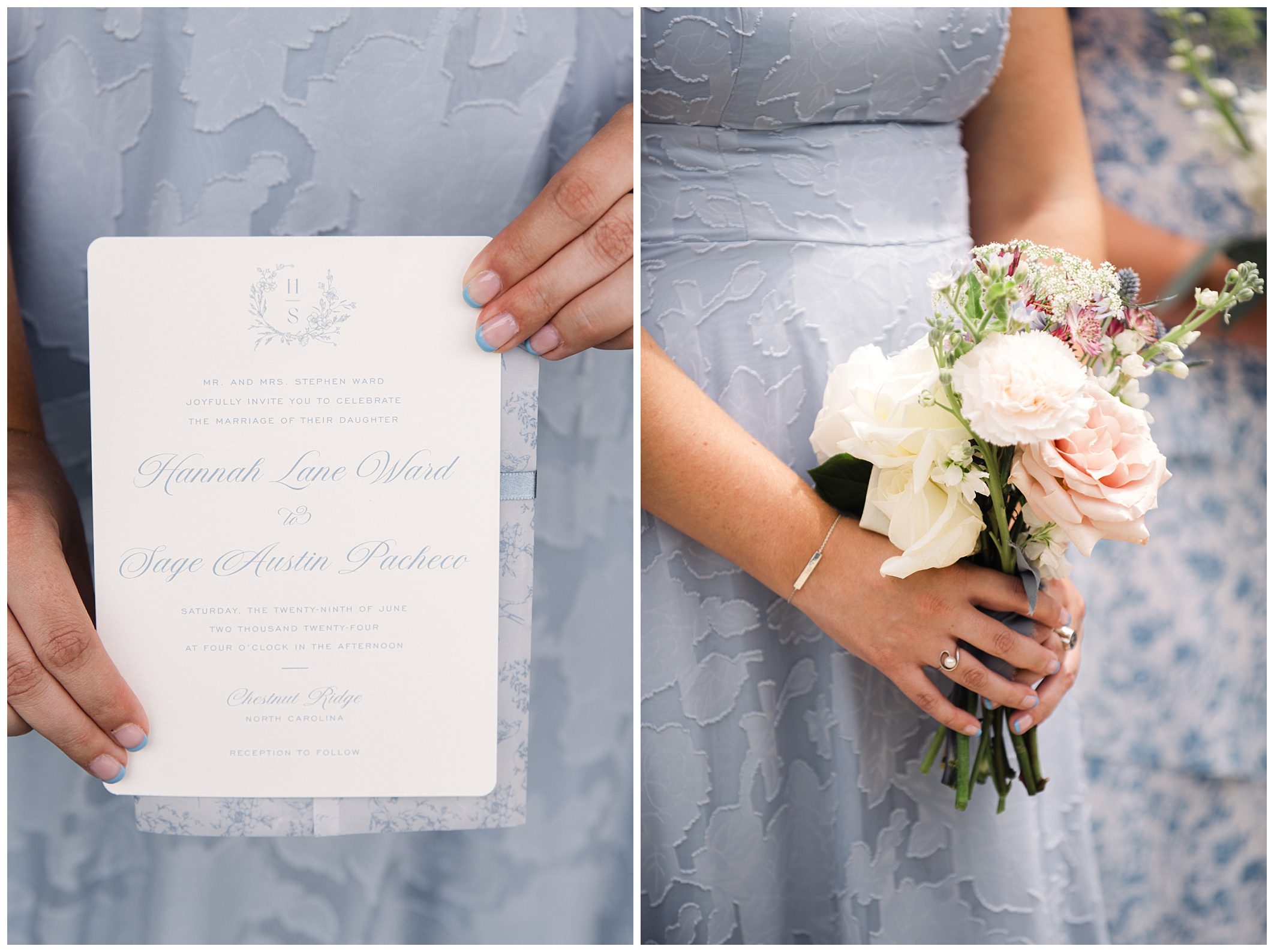 A person in a light blue dress holds a wedding invitation in one image and a bouquet of flowers in the other image. The invitation reads, "Hannah Lane Ward and Sage Austin Pacheco, Marriage Ceremony.