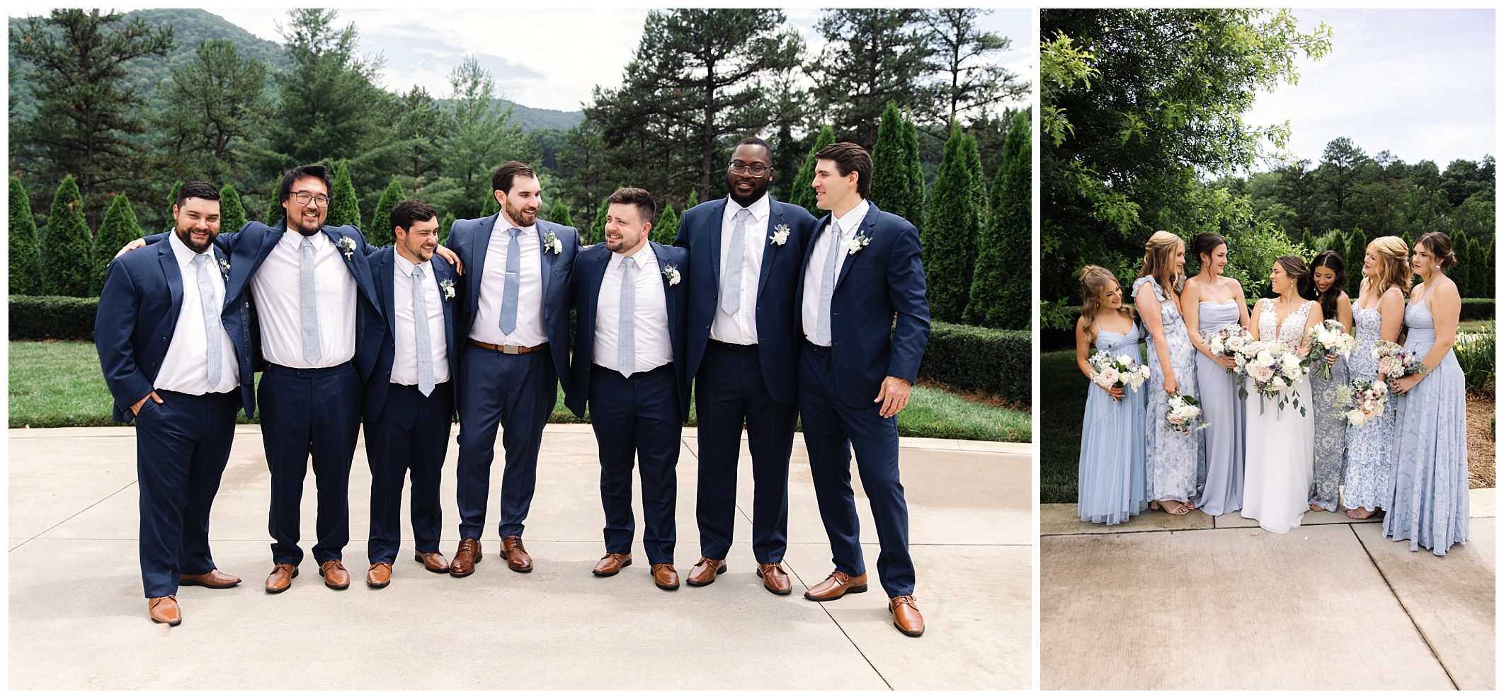 Group photo of six groomsmen in blue suits with a groom, and another of seven bridesmaids in light blue dresses with a bride holding bouquets, standing outdoors with trees in the background.