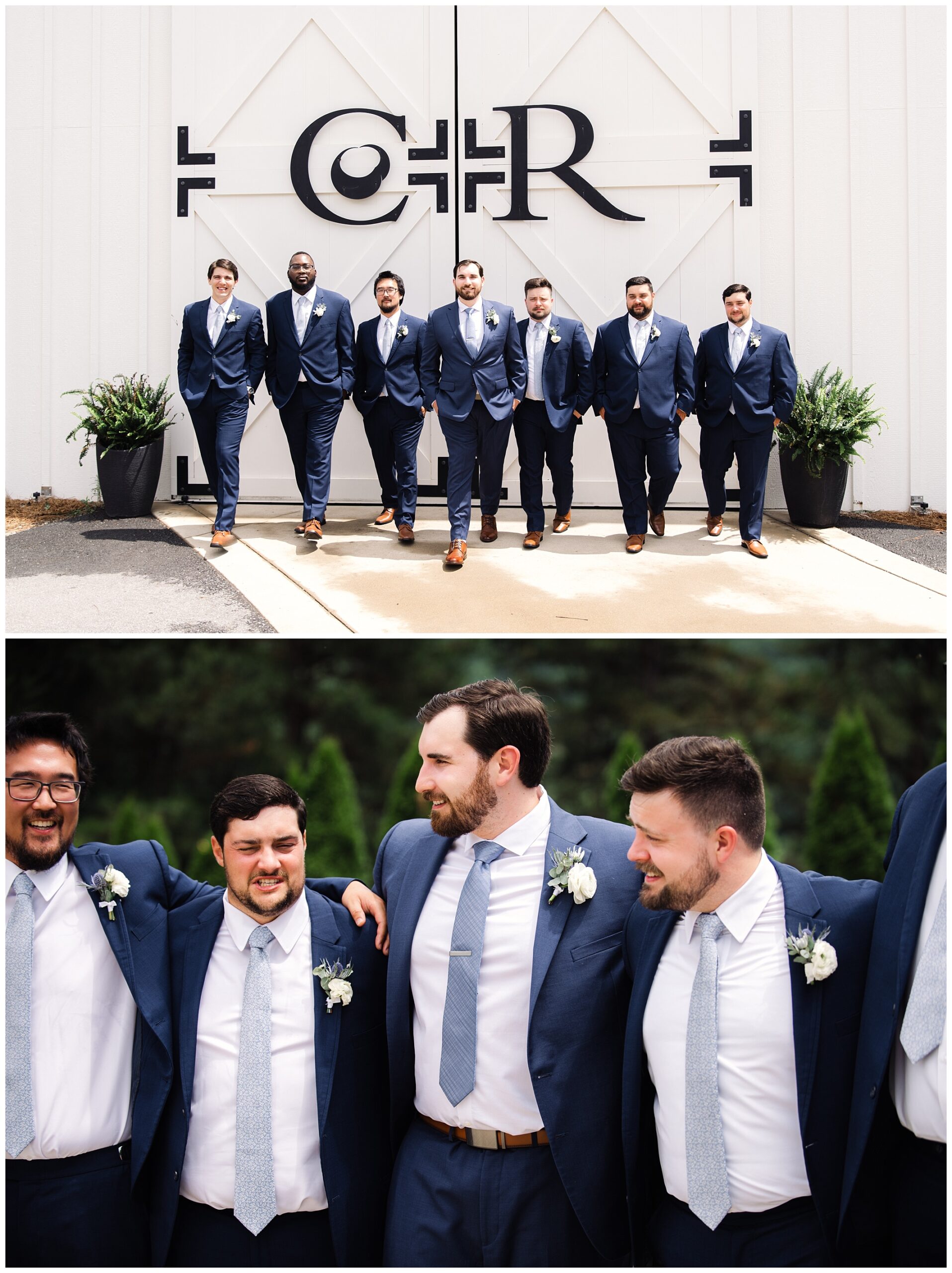 Top image: A group of eight men in blue suits stand in front of a white building with black initials. Bottom image: A close-up of three men in blue suits with arms around each other, smiling.