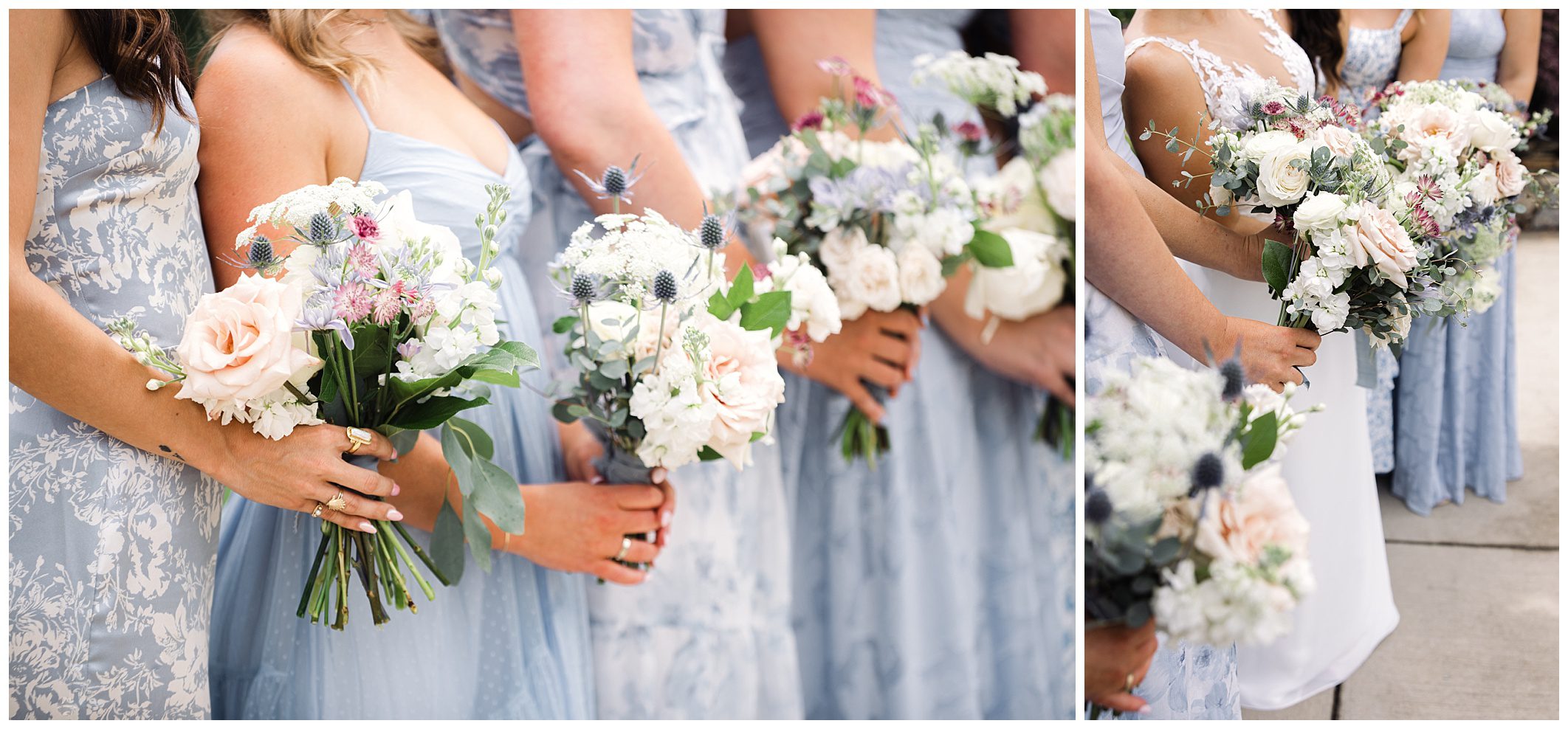 A group of women in pastel blue dresses holding bouquets of white and blush flowers with greenery and hints of purple accents.