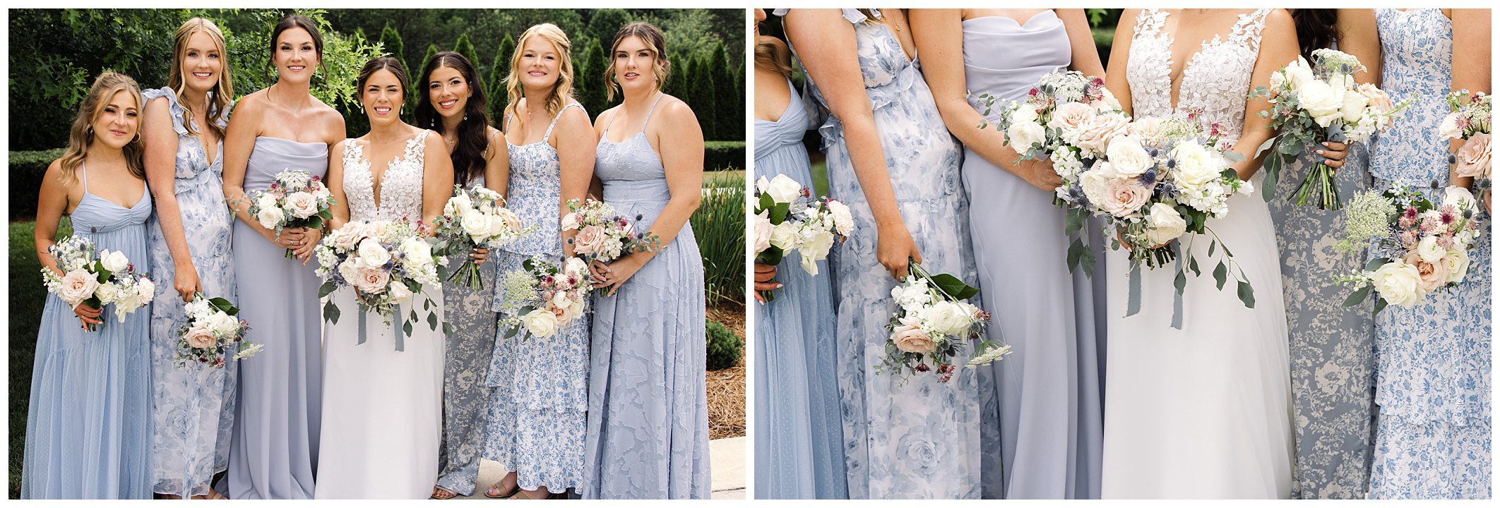 Seven bridesmaids in light blue and white dresses hold bouquets of flowers. Some smiles and greenery are visible in the background.