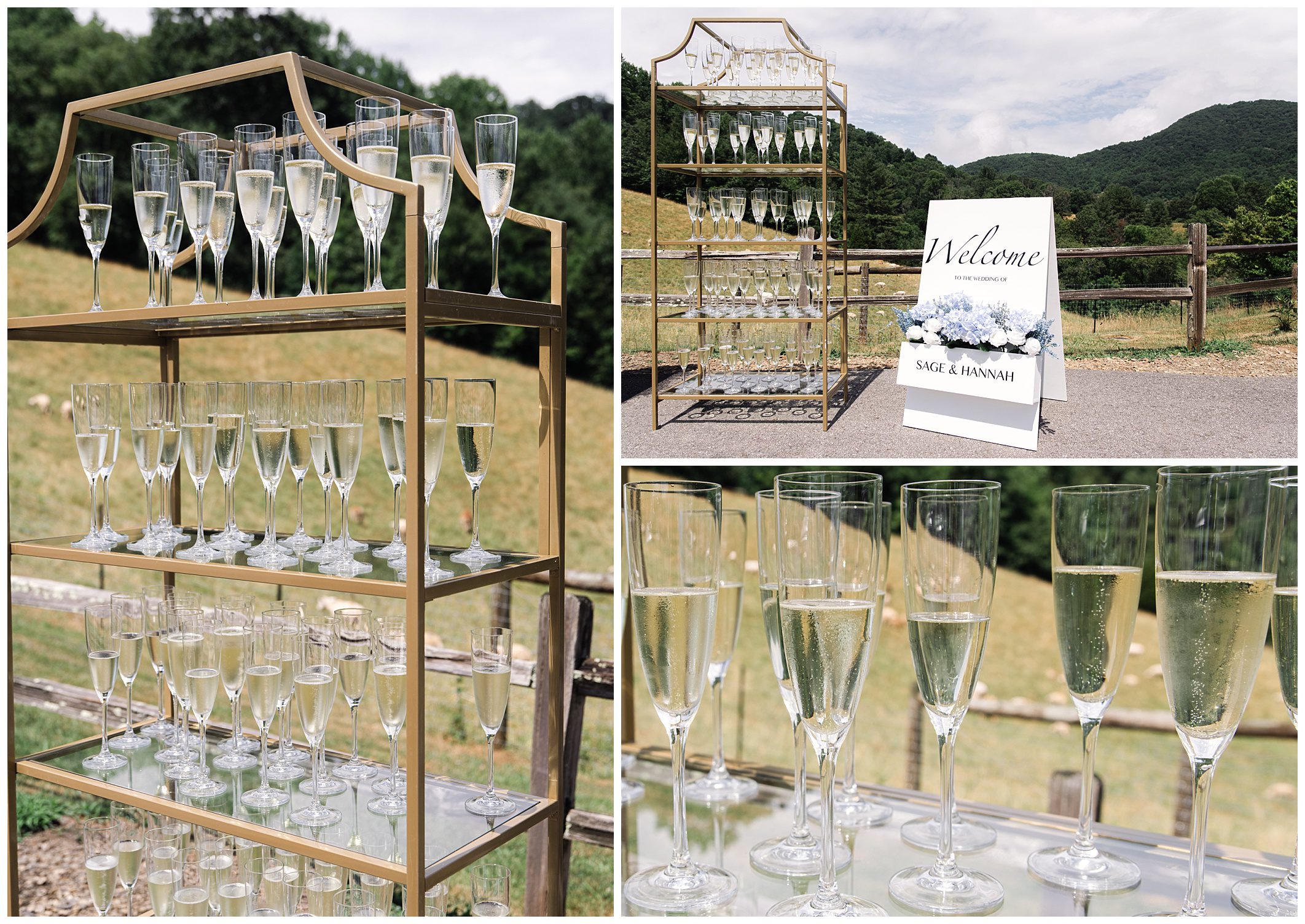 Three-tiered shelves hold numerous champagne glasses filled with bubbly in an outdoor setting. A welcome sign nearby reads "Welcome" with names "Sage" and "Hannah" in front of a scenic backdrop.