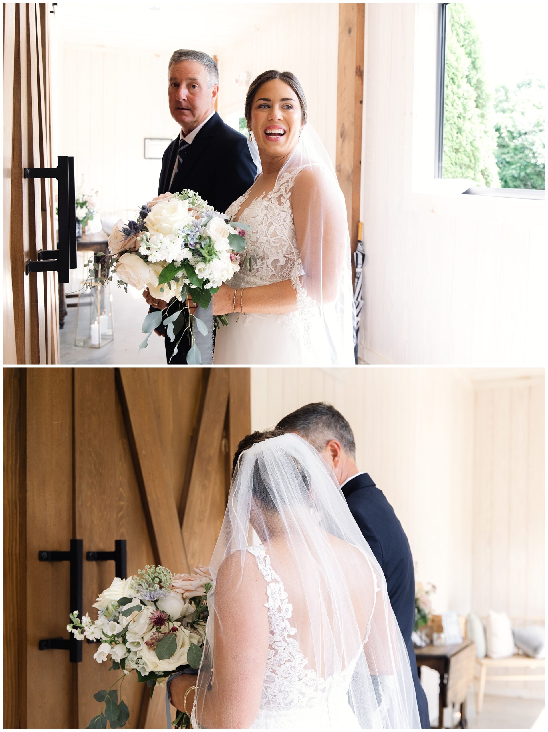 Bride in a white wedding dress holds a bouquet and smiles, standing beside a man in a dark suit. They are near wooden doors and a large window with greenery visible outside.