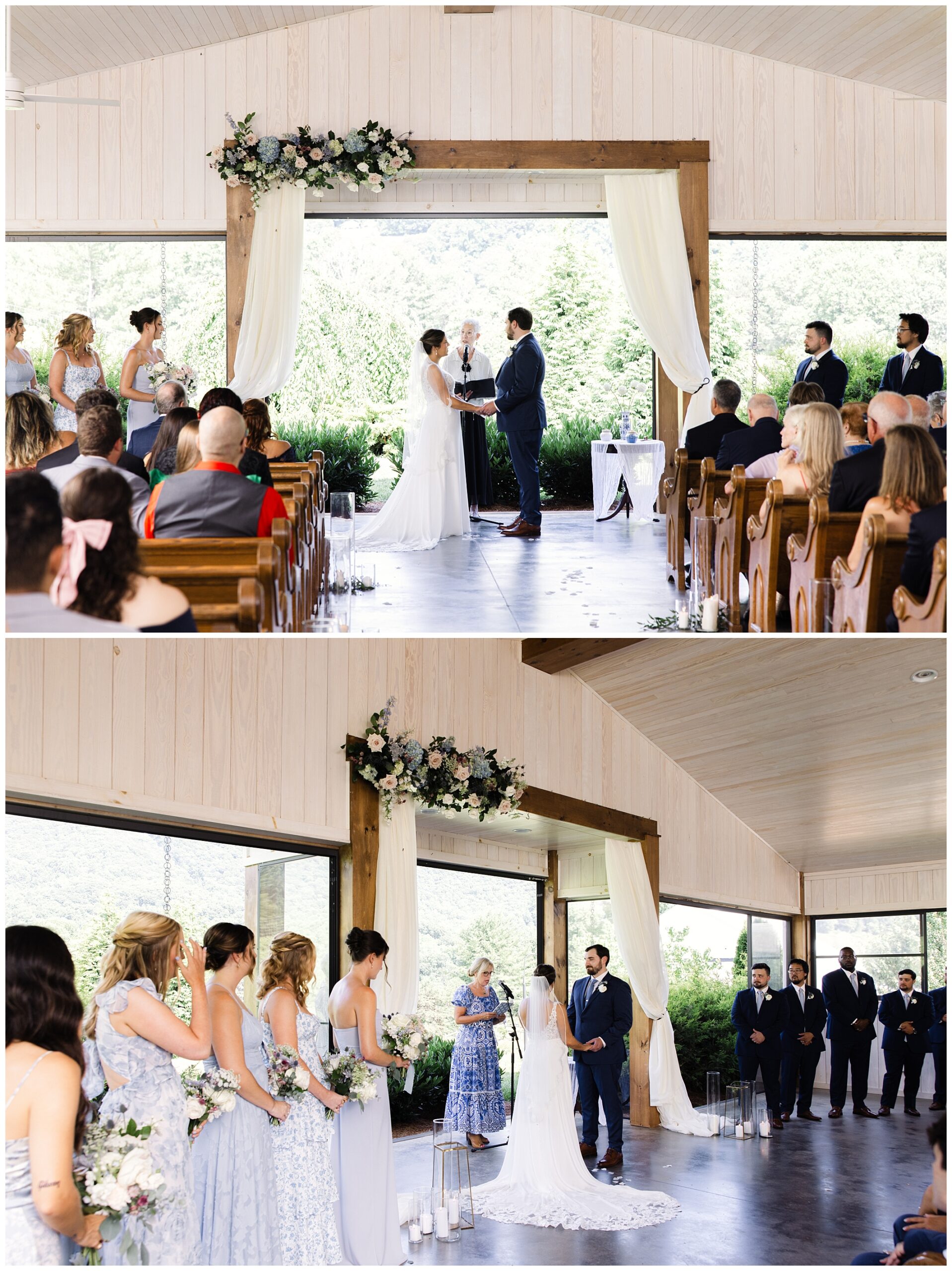 A couple stands at the altar during their wedding ceremony in a wooden chapel. The bride, groom, officiant, bridesmaids, groomsmen, and seated guests are visible at this summer wedding in Asheville.