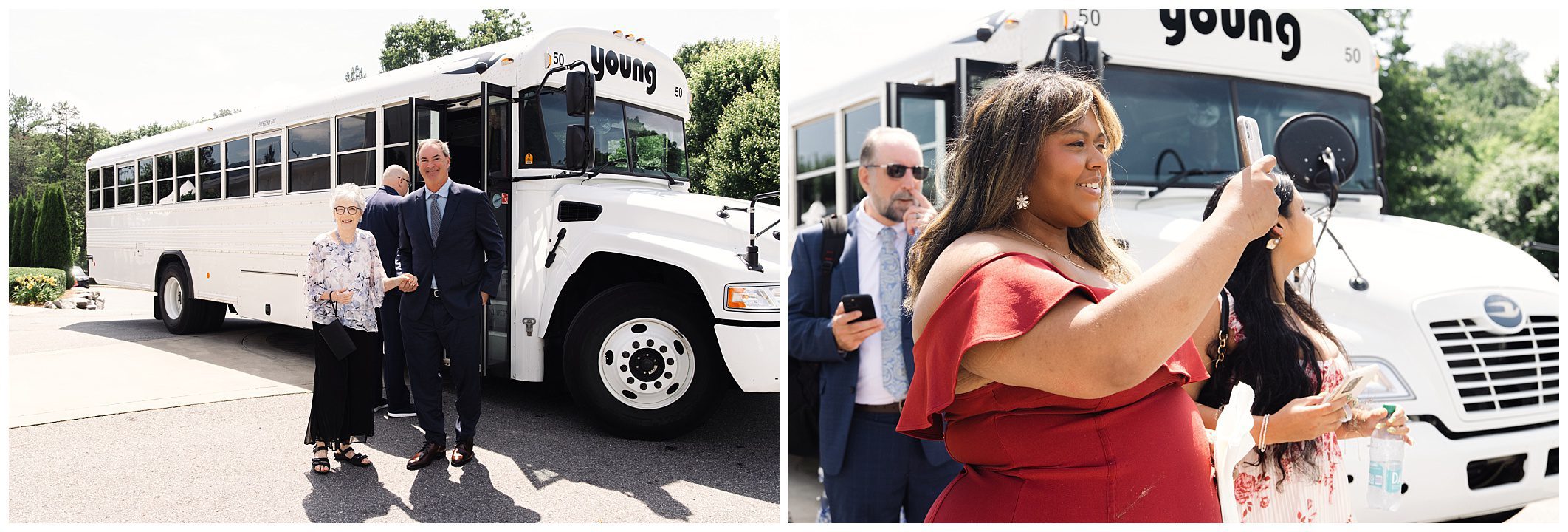 People are disembarking from a white bus parked outside. A woman in a floral blouse is assisted by a man in a suit. Another woman in a red dress is taking a photo, and other people are seen by the bus.