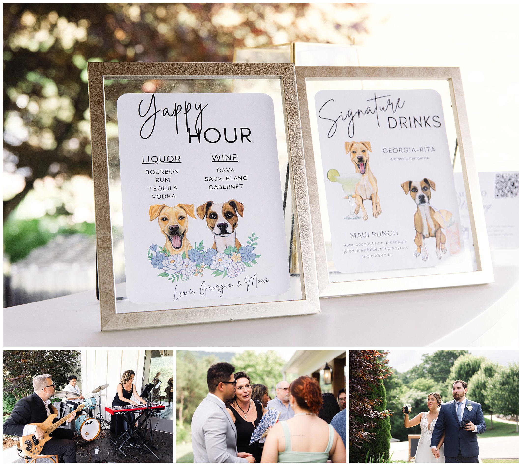 Framed signs list drink options and signature cocktails with dog illustrations. Below, people socialize and a band plays at an outdoor event.