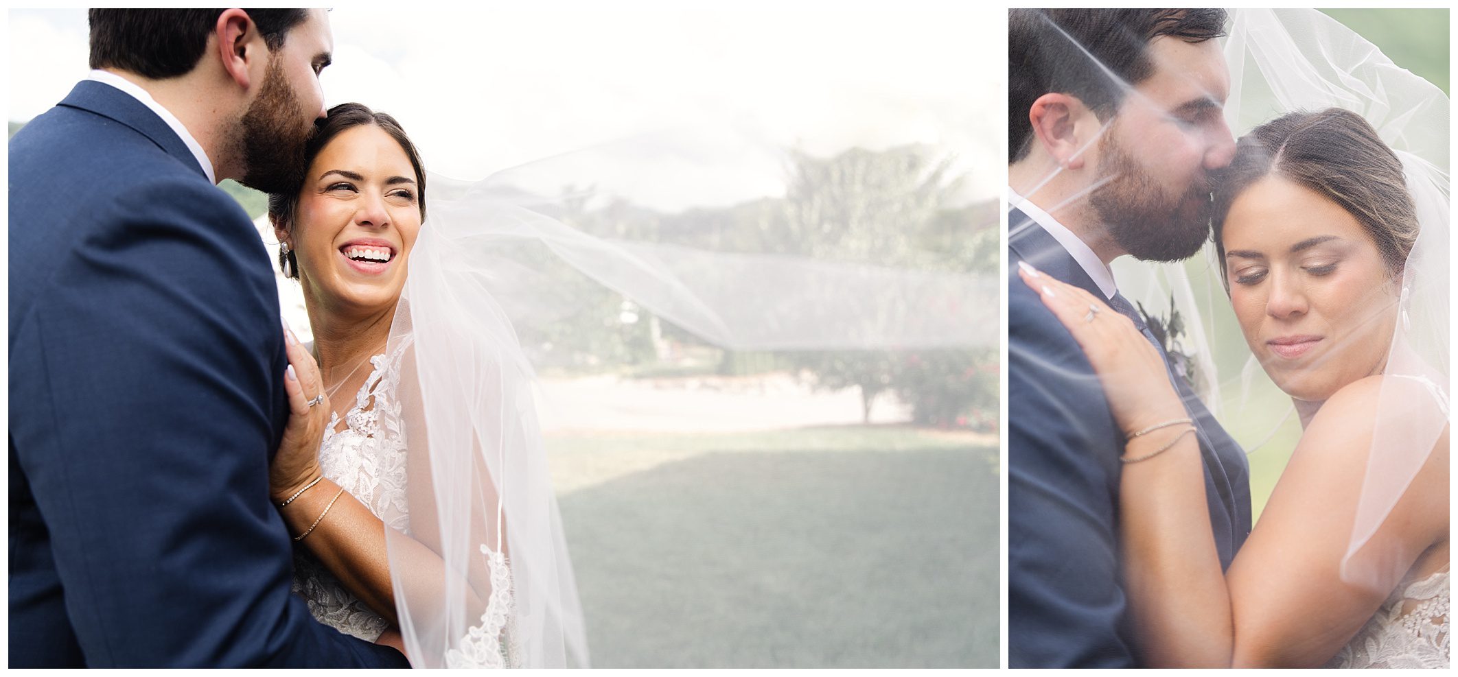 At a summer wedding in Asheville bride and groom share a tender moment. In the left image, the bride laughs while in the groom's arms. In the right image, they close their eyes and embrace under a veil outdoors.