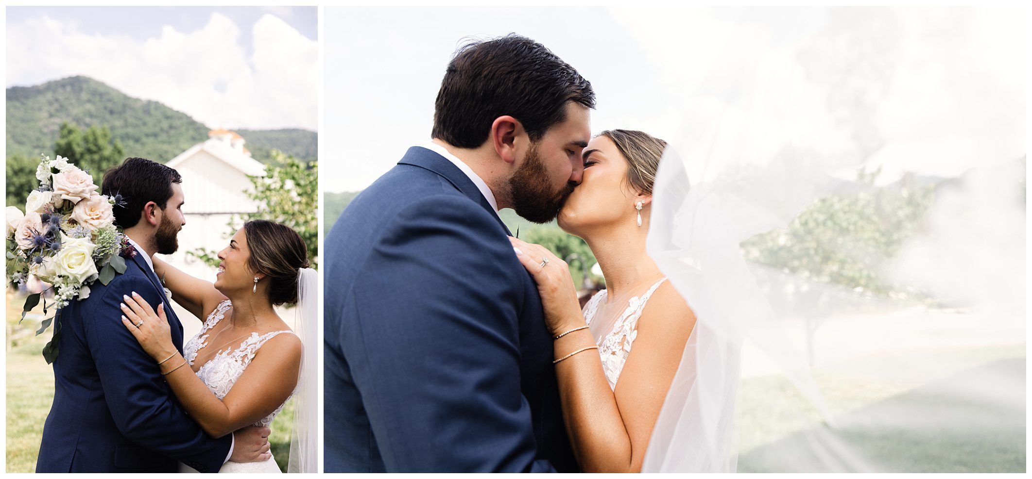 A bride and groom share a kiss outdoors on their wedding day, with mountains and greenery in the background. The bride is holding a bouquet of flowers and both are dressed in wedding attire.