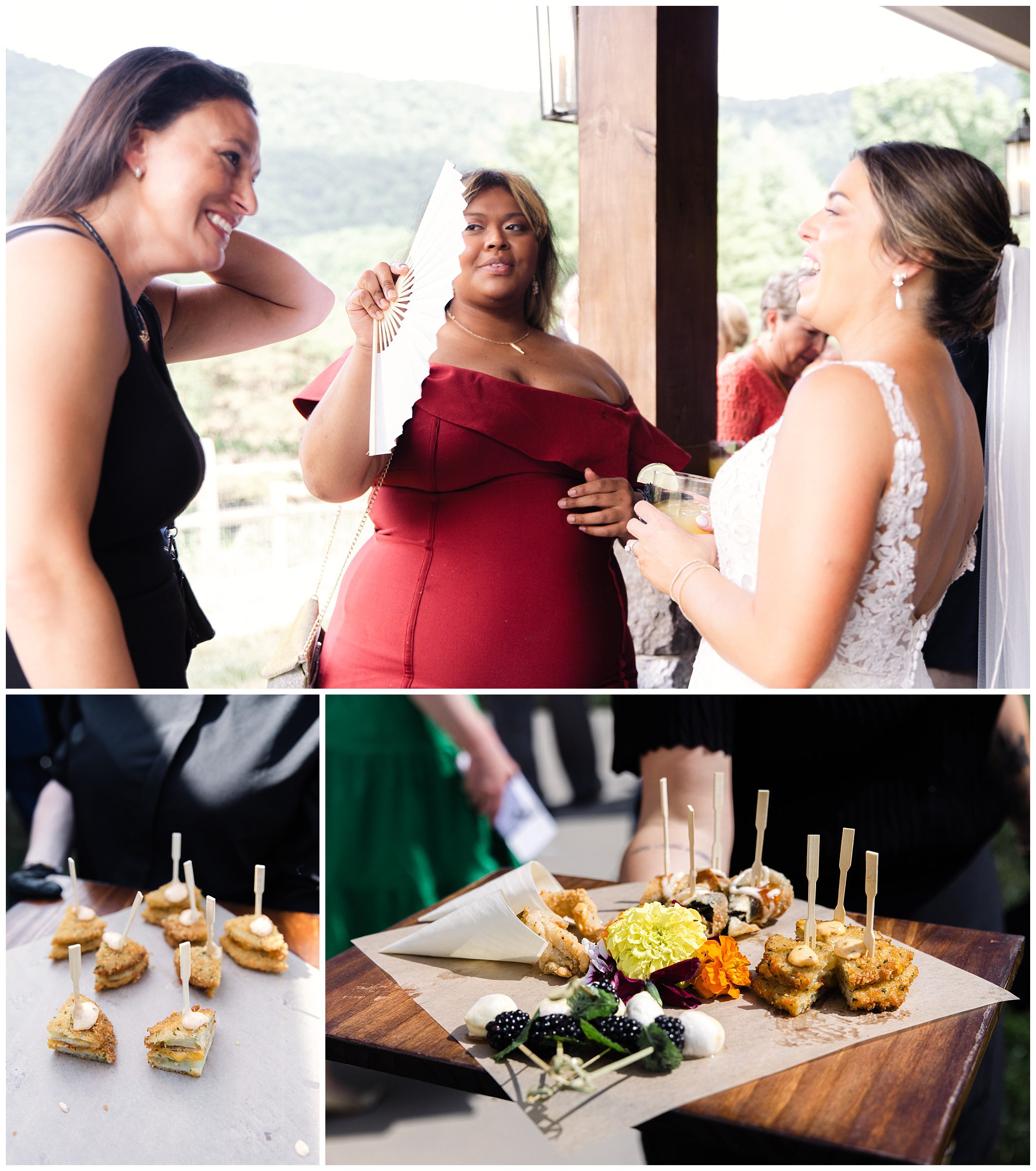 Three women conversing at an outdoor event; one holds a fan. Below, a plate of assorted appetizers with toothpicks and another plate with similar hors d'oeuvres on display.