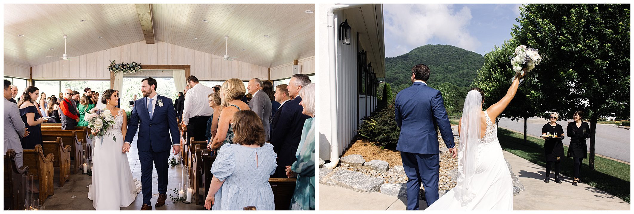 A bride and groom walk down the aisle in a church while guests stand and look on; the second part shows them exiting outside where the bride raises her bouquet.