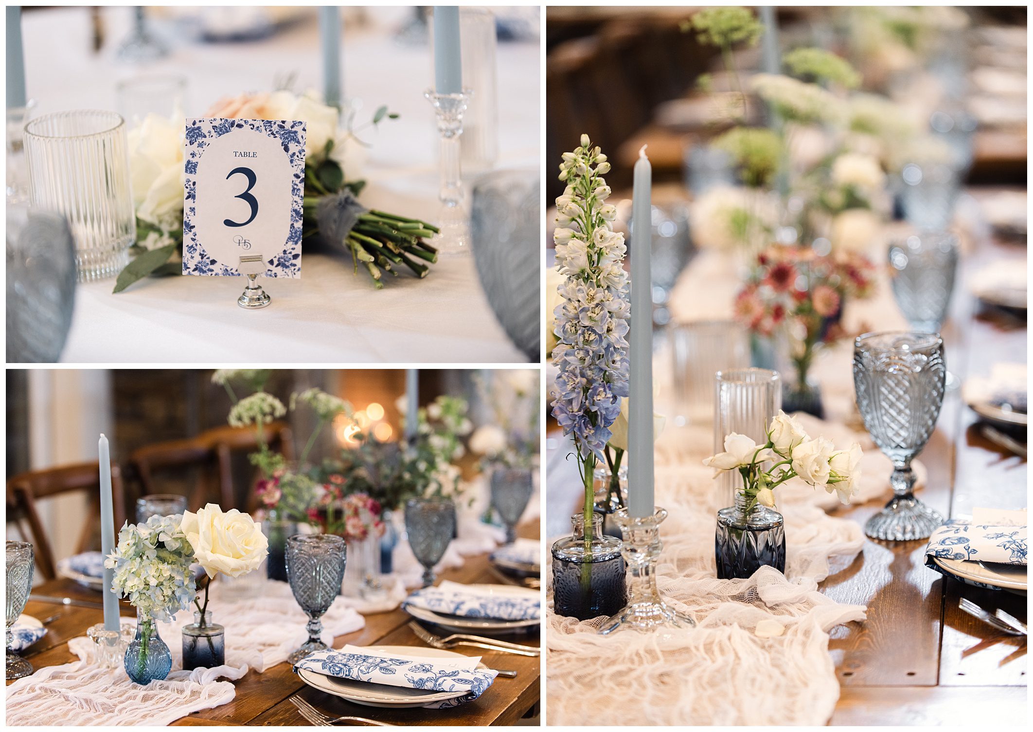 A collage of wedding reception table settings featuring floral centerpieces, candles, and a table number card with a blue floral design. The tables are decorated with white and blue elements.