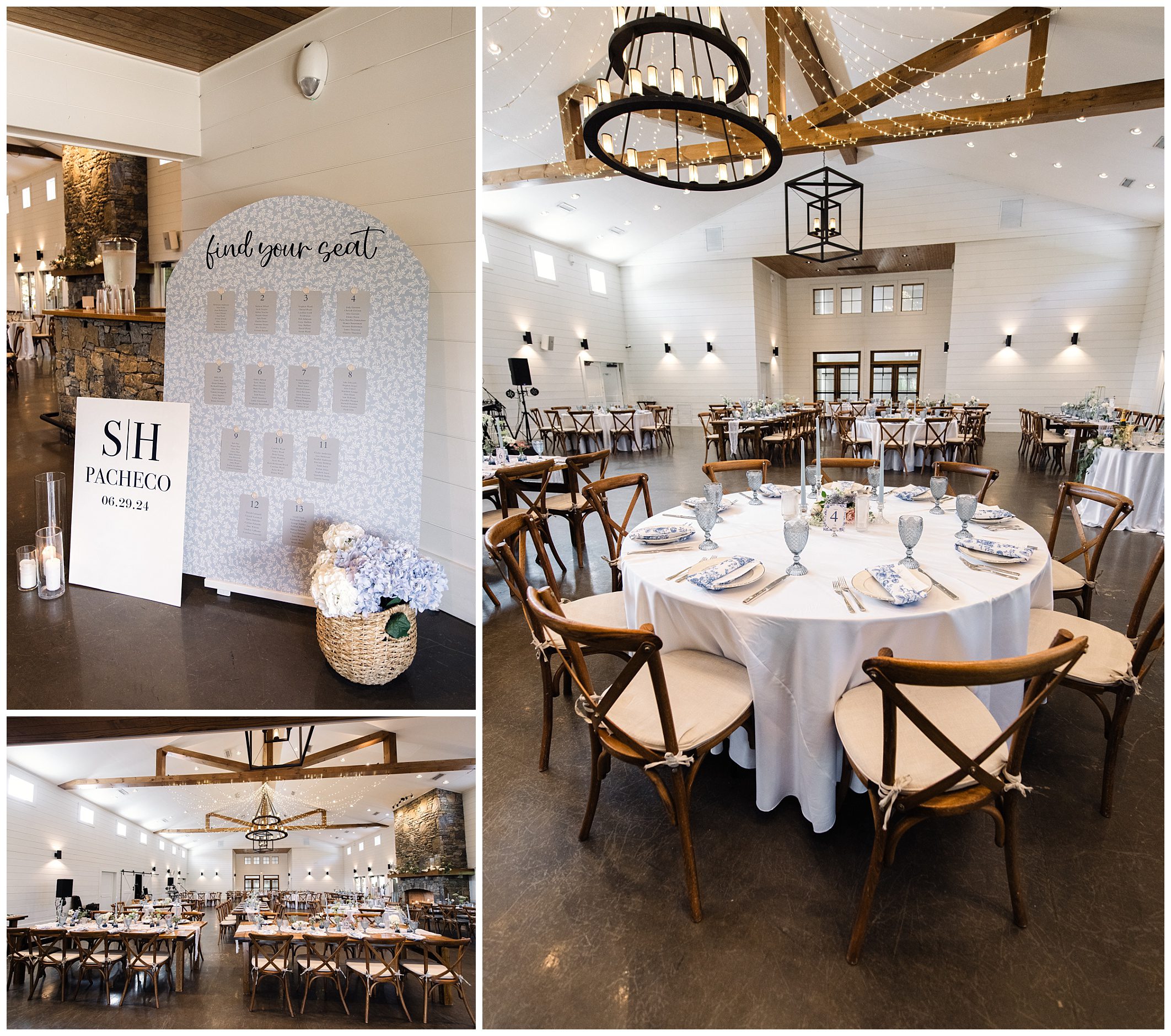 A spacious event hall features round tables with white tablecloths, wooden chairs, a "Find Your Seat" board, and rustic chandeliers. Florals and candles complement the elegant setup.