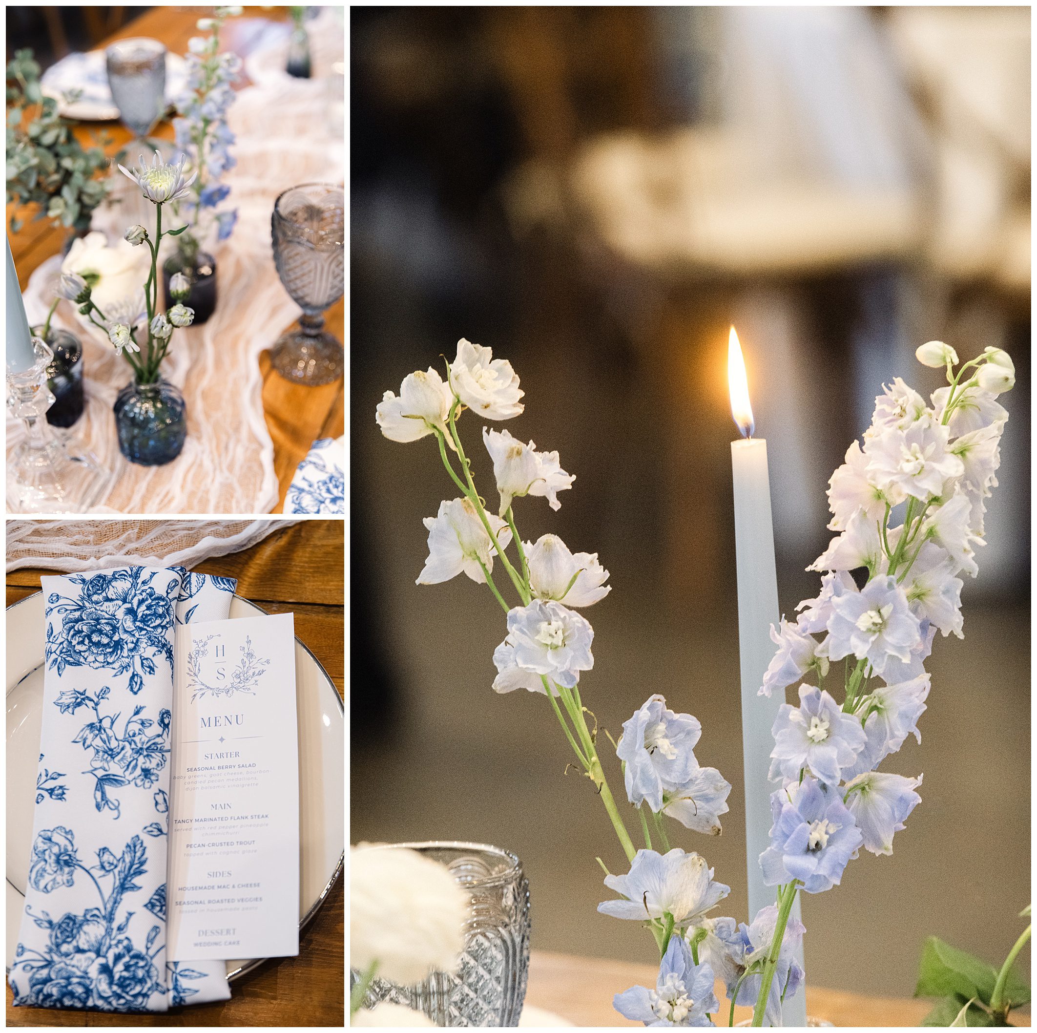 Collage of a table setup with a blue floral menu, blue and white napkin, clear goblets, white flowers in a small vase, and a lit candle next to light blue flowers.