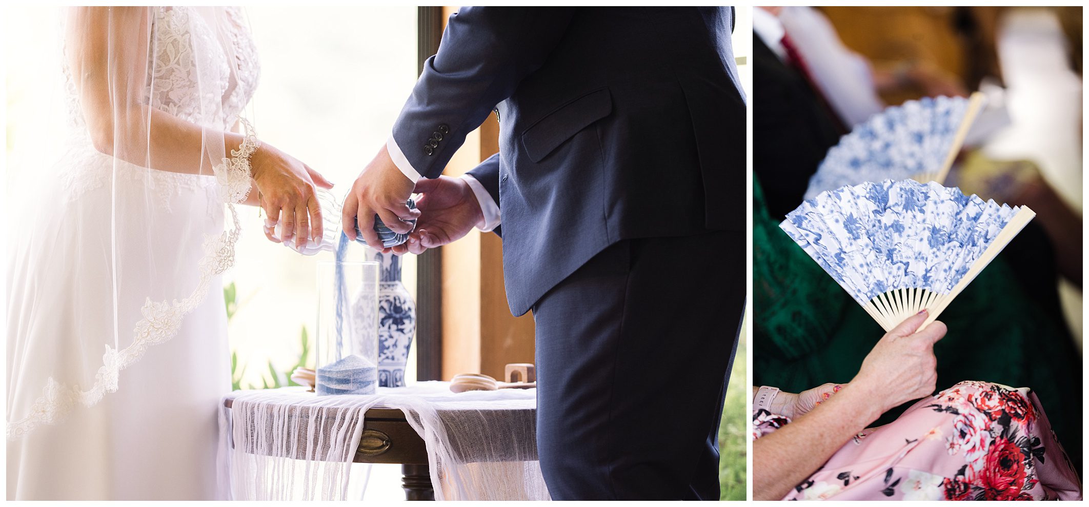 A bride and groom pour sand into a jar during a wedding ceremony. Inset: Guests hold blue and white patterned fans.