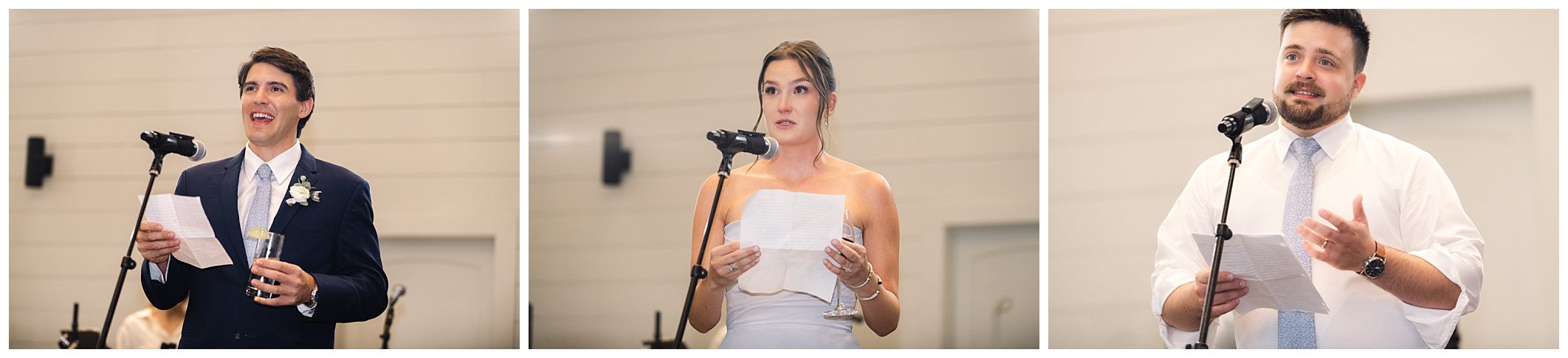 Three individuals are shown speaking into microphones, each holding a piece of paper, likely giving speeches at an event. The first person is formally dressed in a suit, the second in a strapless dress, and the third in a shirt and tie.