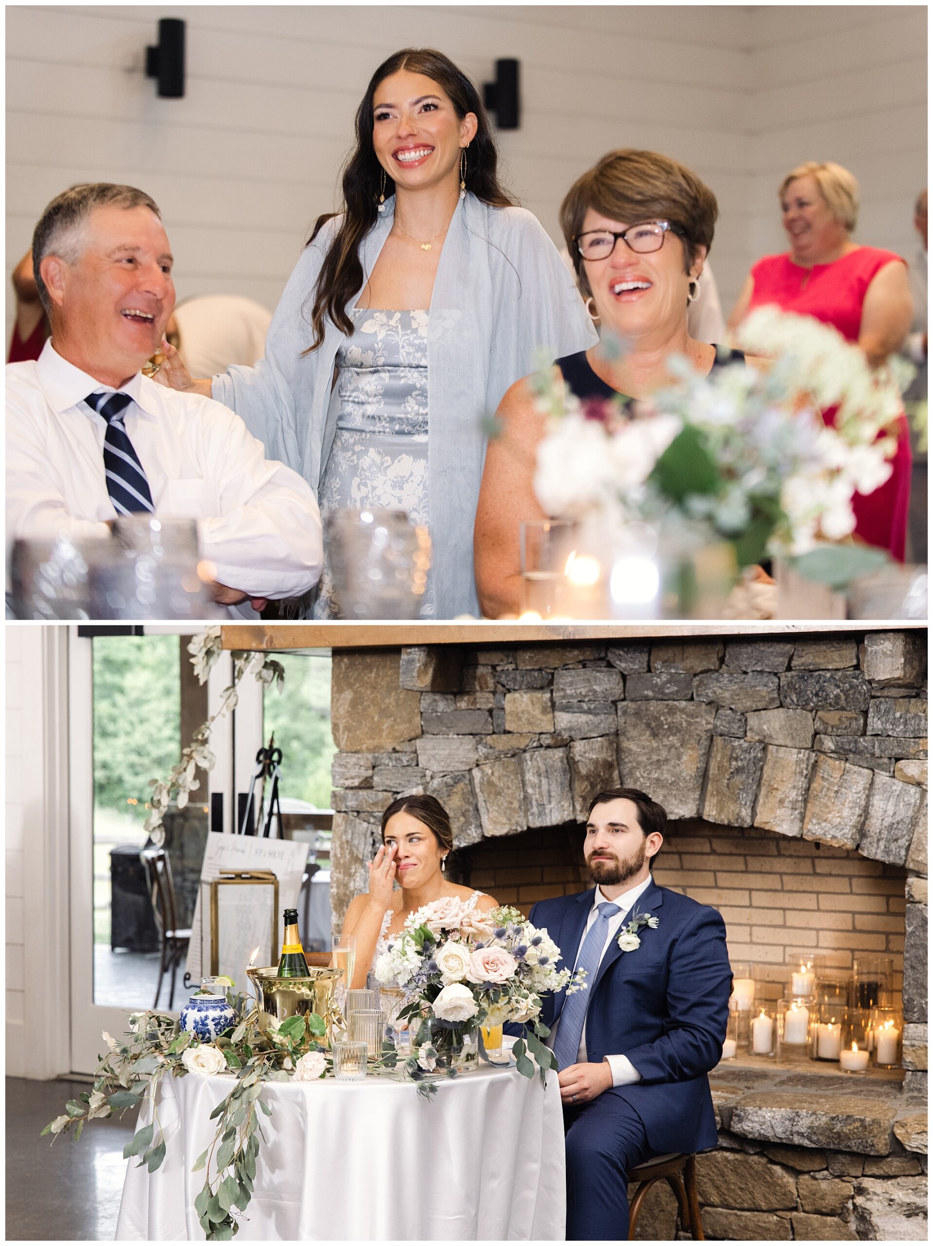 Top image: Three people sitting at a table, smiling and laughing. Bottom image: A couple seated at a table in front of a fireplace, surrounded by floral arrangements and candles.