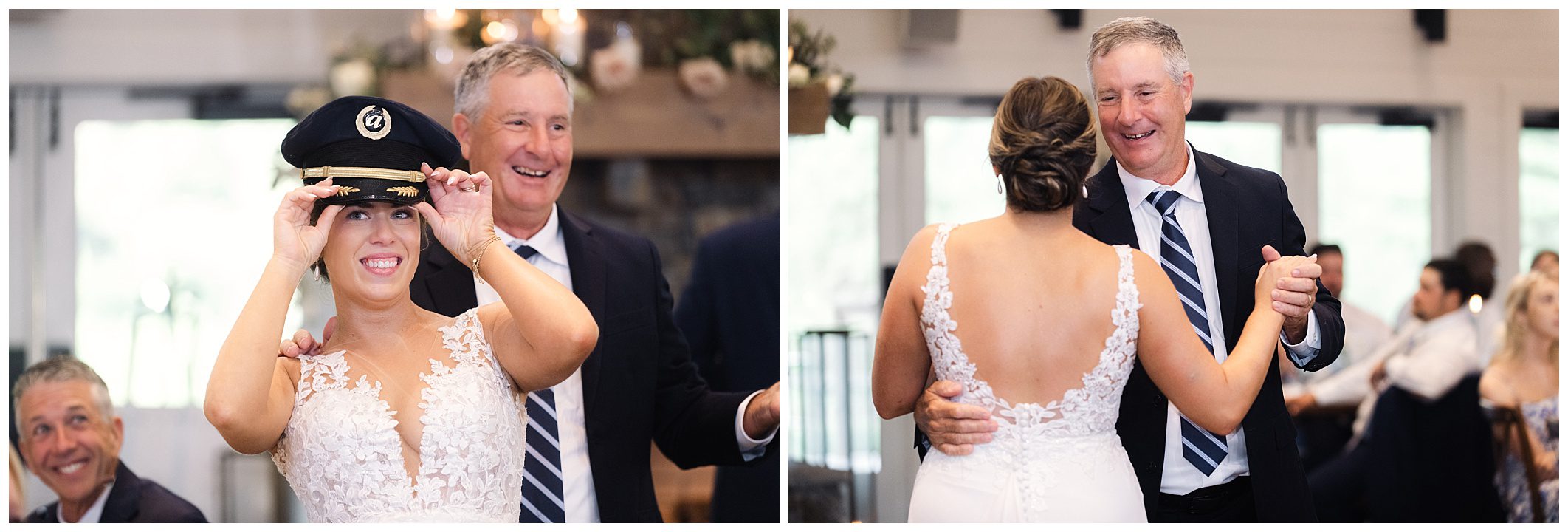 A bride wearing a captain's hat smiles while standing next to an older man on the left. On the right, they dance together, with her back to the camera, showing her lace wedding dress.