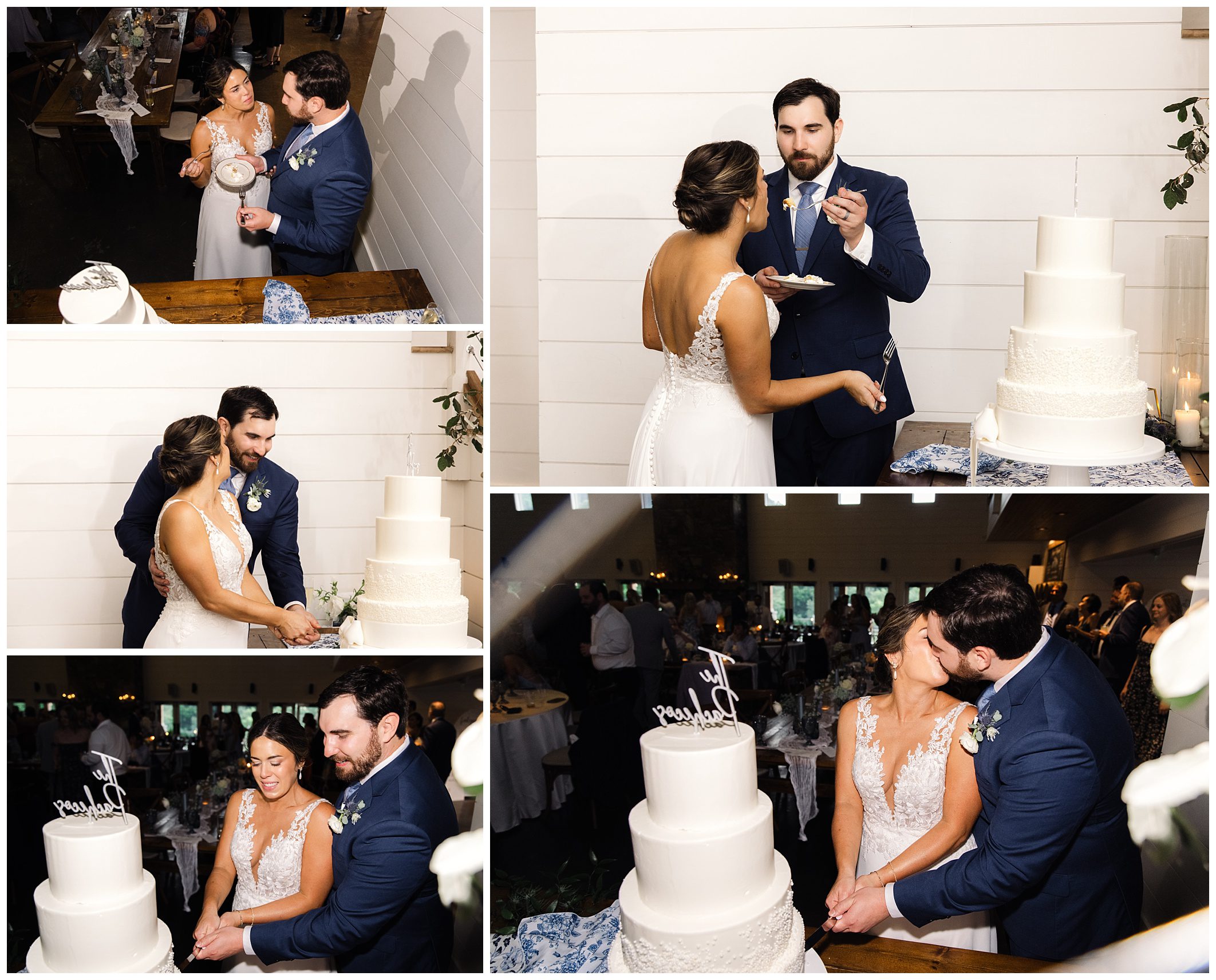 A bride and groom are cutting a wedding cake and feeding each other in a series of four photos. They are dressed in formal wedding attire, surrounded by guests and decorations in an indoor venue.