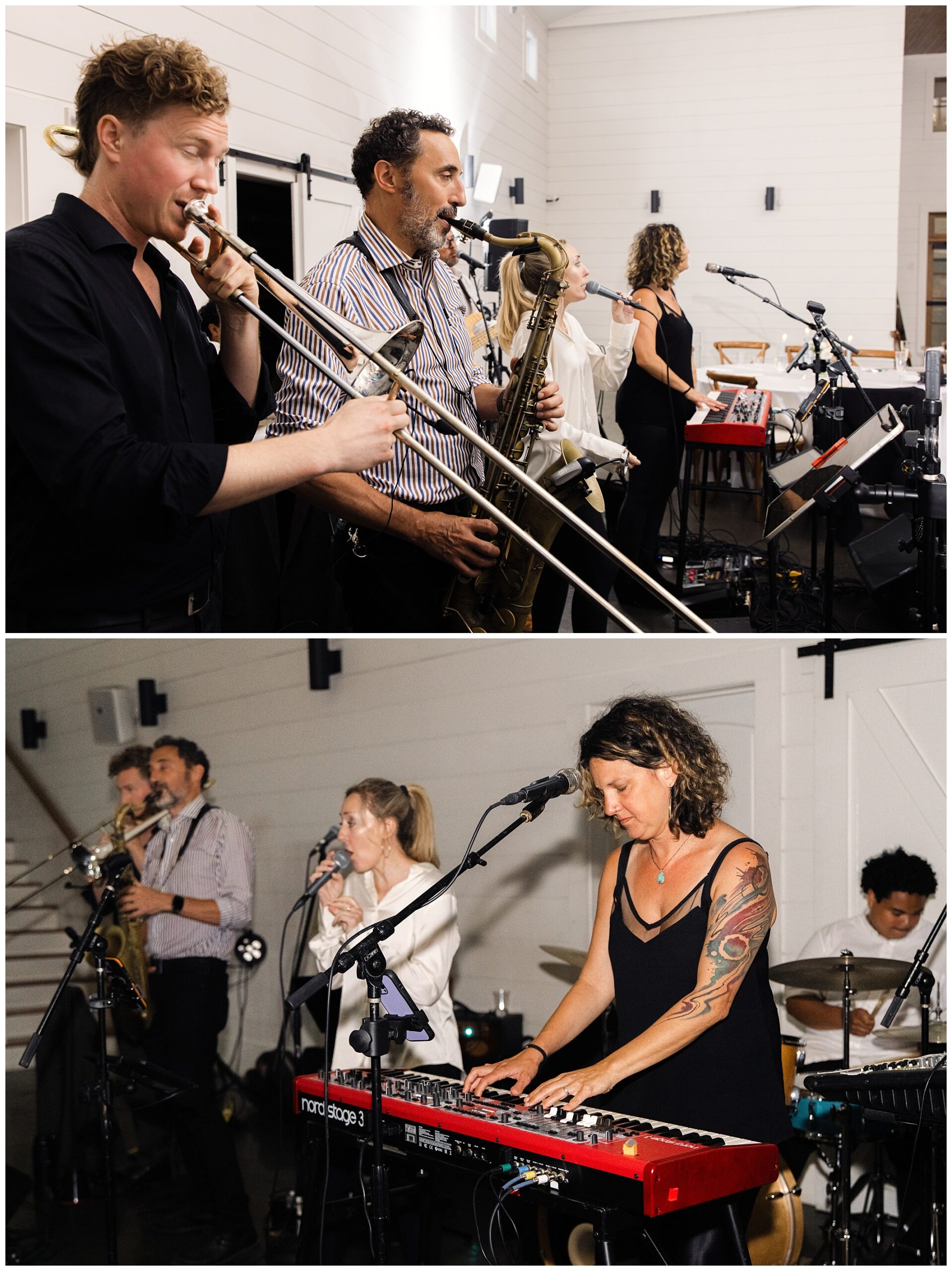 Musicians performing on stage; the top image shows a trombone player, saxophonist, and singers. The bottom image features a keyboard player, drummer, and background musicians.