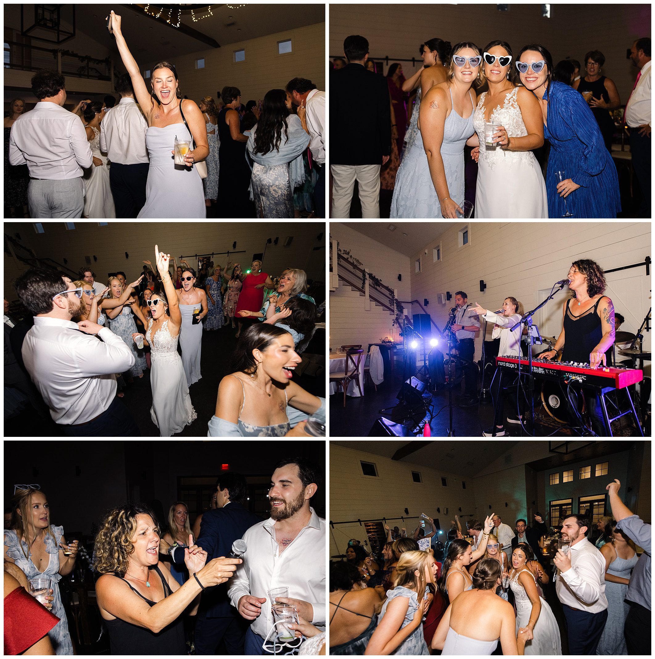 A wedding reception with guests dancing, mingling, and celebrating. Some wear sunglasses and hold drinks. A live band performs on stage, and the bride appears in various scenes enjoying the festivities.