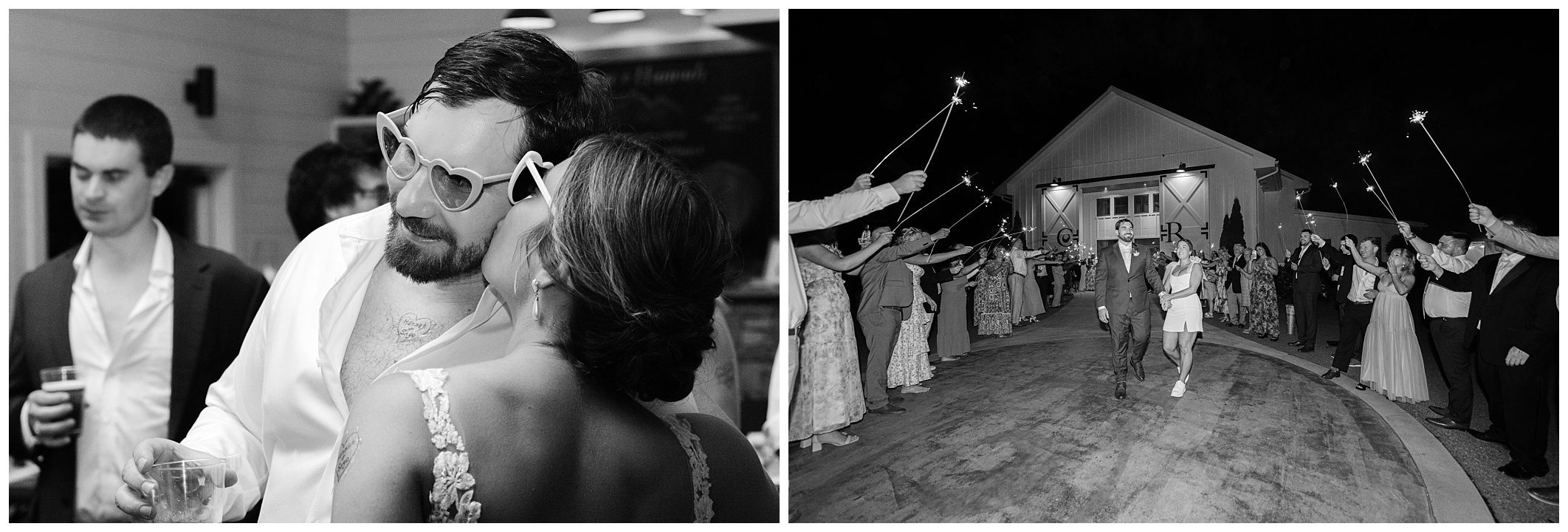 Two black-and-white photos: left, a couple facing each other amidst a wedding crowd; right, a bride and groom run through a sparkler send-off outside a building at night.